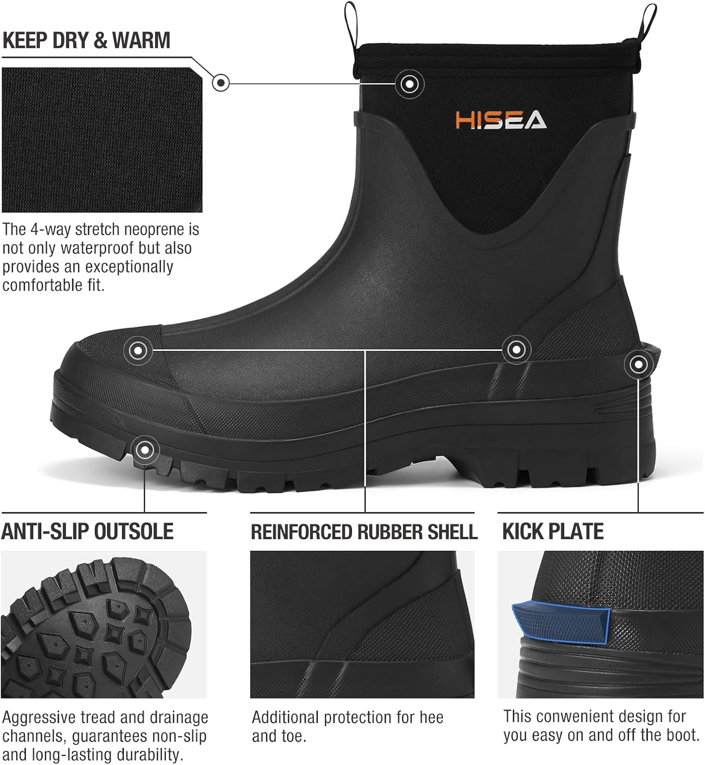 image:imageHISEA Mens Mud Boots Short Garden Shoes Ankle Hight Waterproof Neoprene Rubber Rain BootsBlack