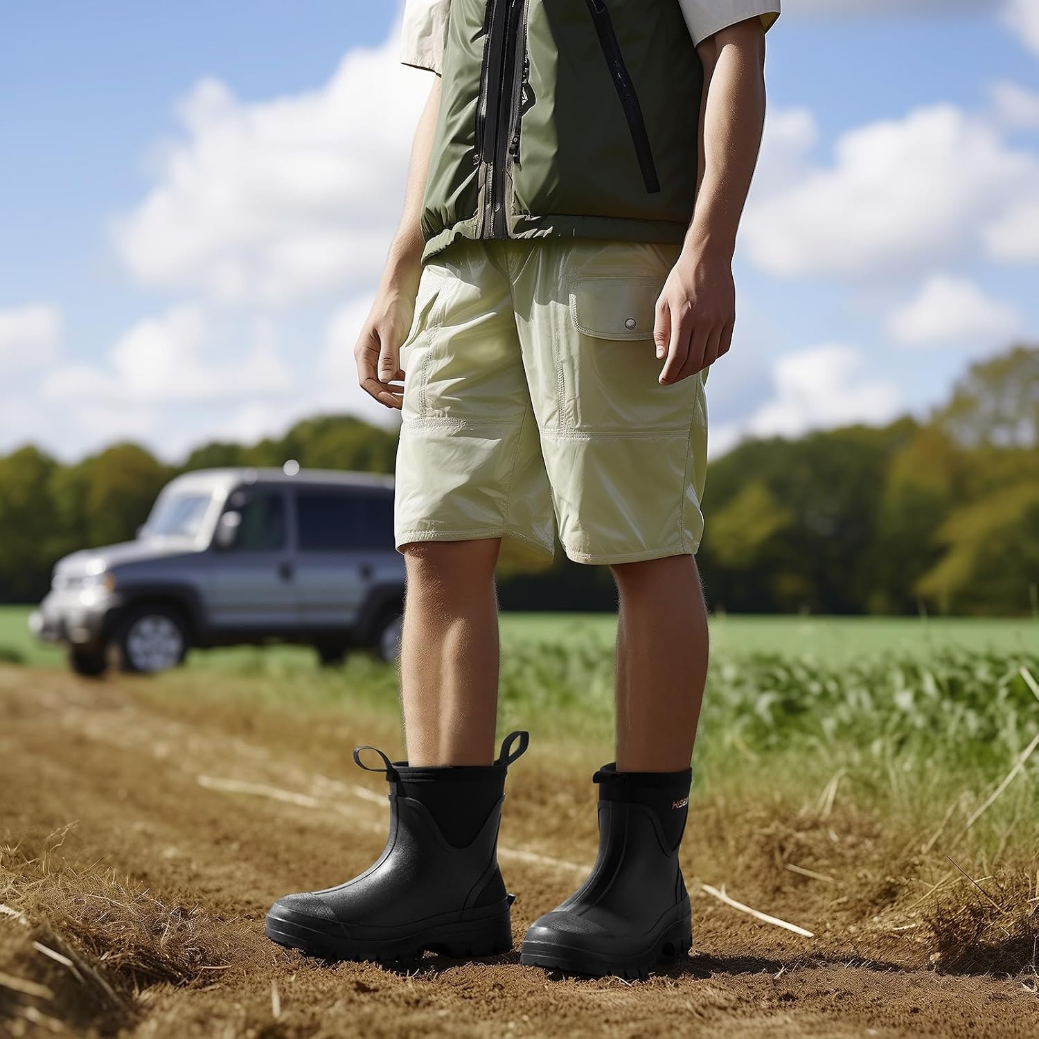 image:imageHISEA Mens Mud Boots Short Garden Shoes Ankle Hight Waterproof Neoprene Rubber Rain BootsBlack