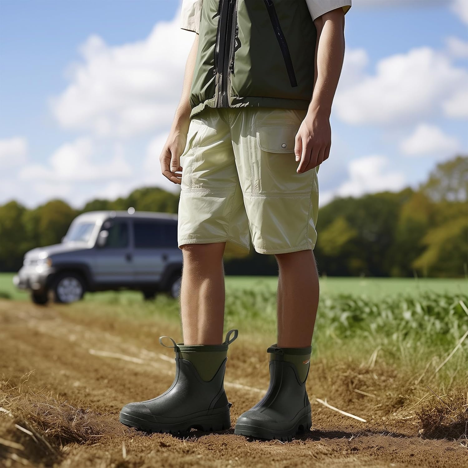 image:imageHISEA Mens Mud Boots Short Garden Shoes Ankle Hight Waterproof Neoprene Rubber Rain BootsGreen