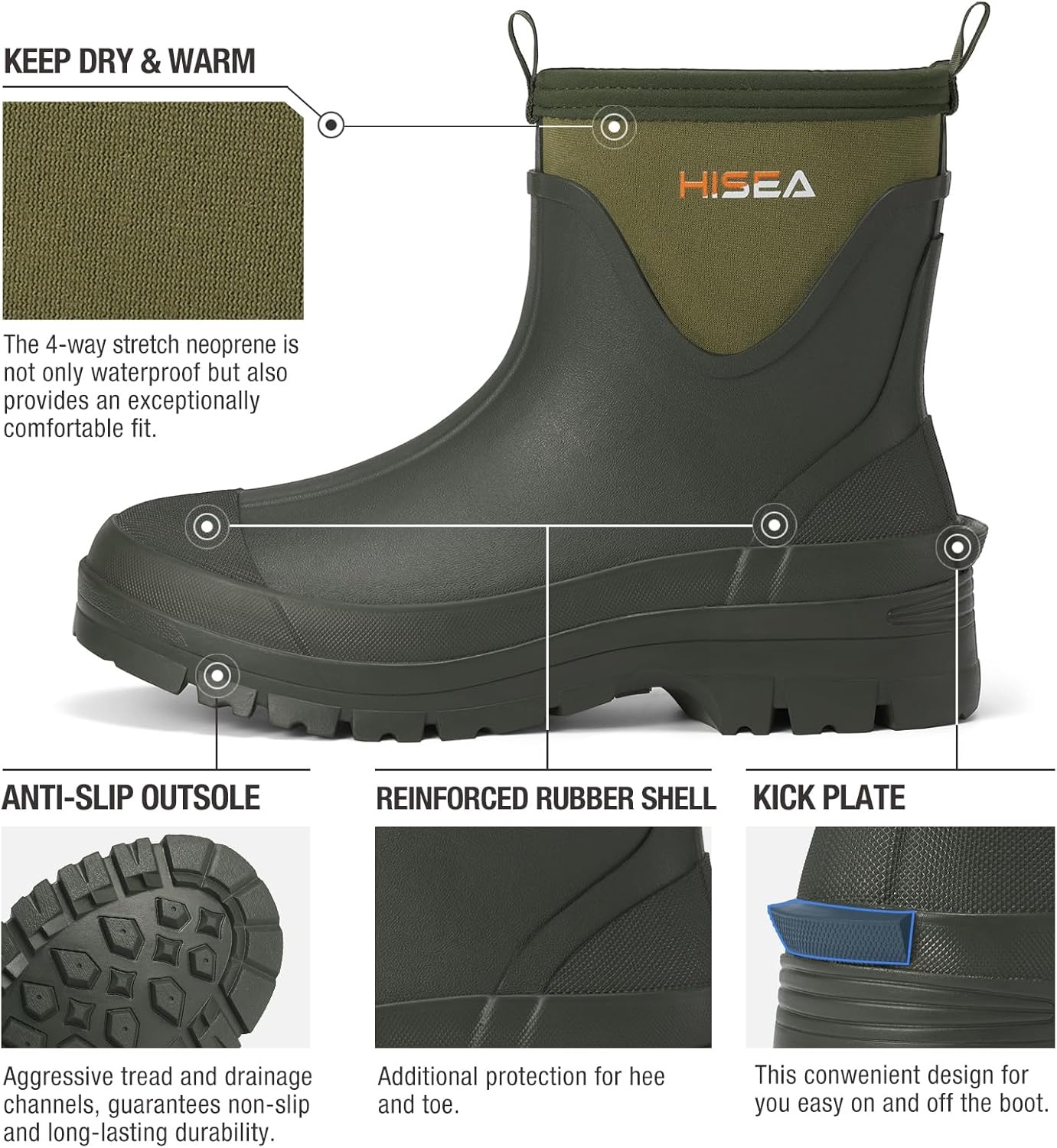 image:imageHISEA Mens Mud Boots Short Garden Shoes Ankle Hight Waterproof Neoprene Rubber Rain BootsGreen
