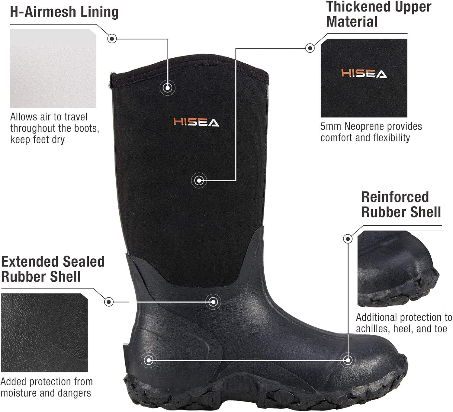 image:imageHISEA Mens Rain Boots Neoprene Rubber Boots Waterproof Insulated Mud Boots Mid Height Garden ShoesBlack