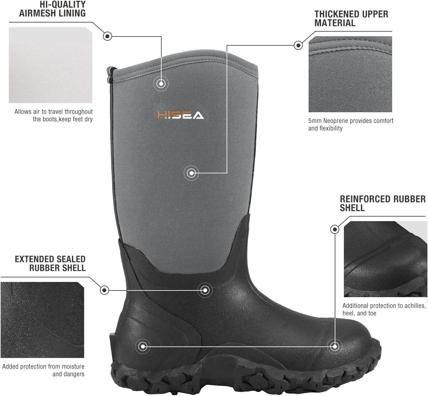 image:imageHISEA Mens Rain Boots Neoprene Rubber Boots Waterproof Insulated Mud Boots Mid Height Garden ShoesGrey