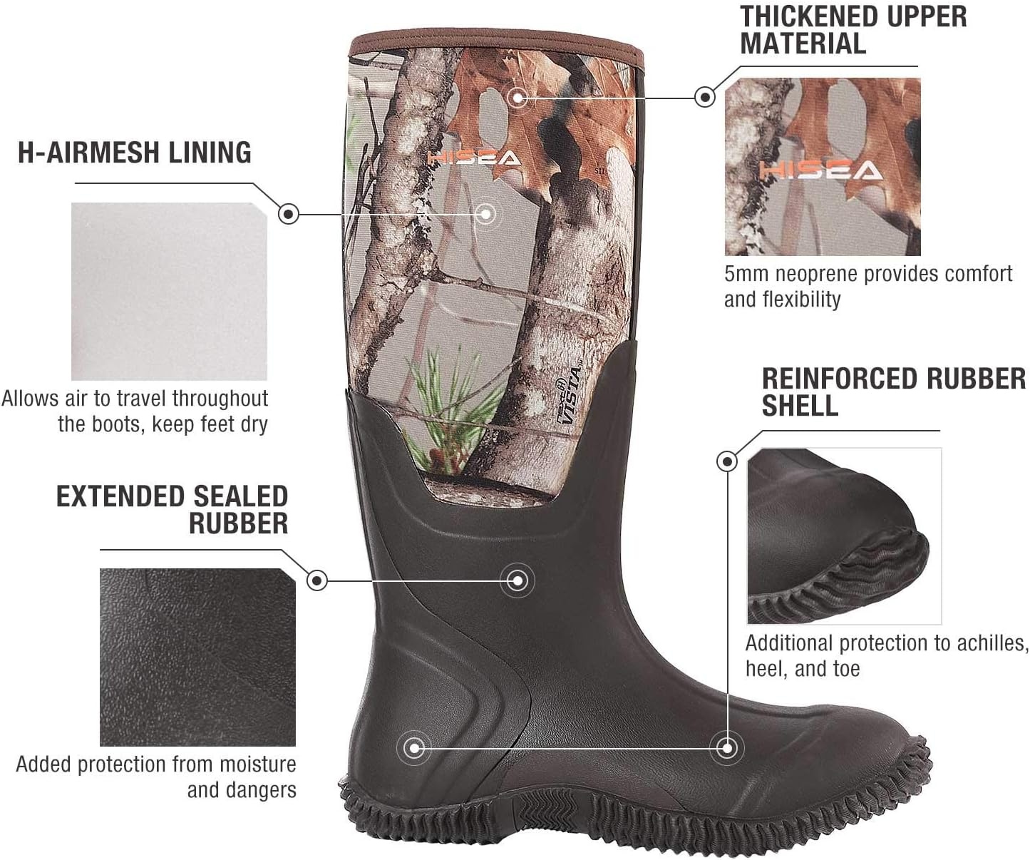 image:imageHISEA Mens Rain Boots Waterproof Durable Insulated Rubber Boots for Men 5 mm Neoprene Outdoor Mud Fishing Hunting Boots for MultiSeason Black Camo amp BrownCamo
