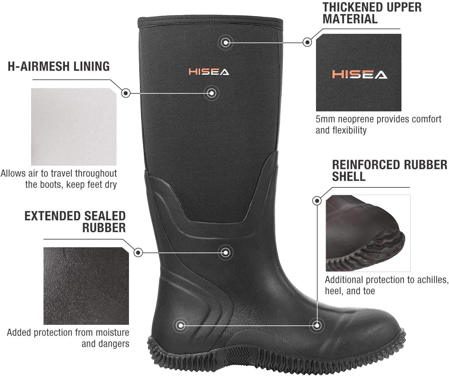 image:imageHISEA Mens Rain Boots Waterproof Durable Insulated Rubber Boots for Men 5 mm Neoprene Outdoor Mud Fishing Hunting Boots for MultiSeason Black Camo amp BrownBlack