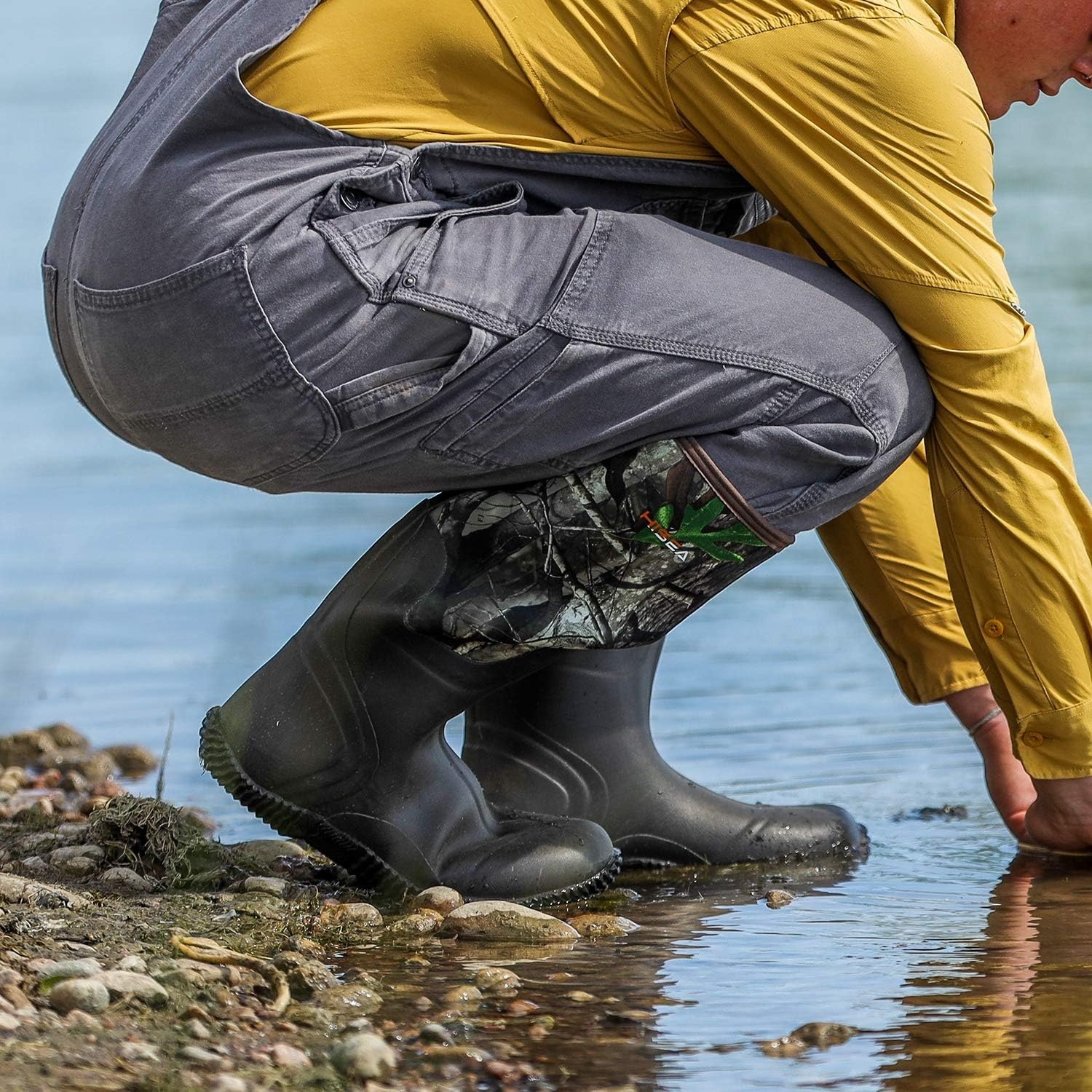 image:imageHISEA Mens Rain Boots Waterproof Durable Insulated Rubber Boots for Men 5 mm Neoprene Outdoor Mud Fishing Hunting Boots for MultiSeason Black Camo amp BrownGrey