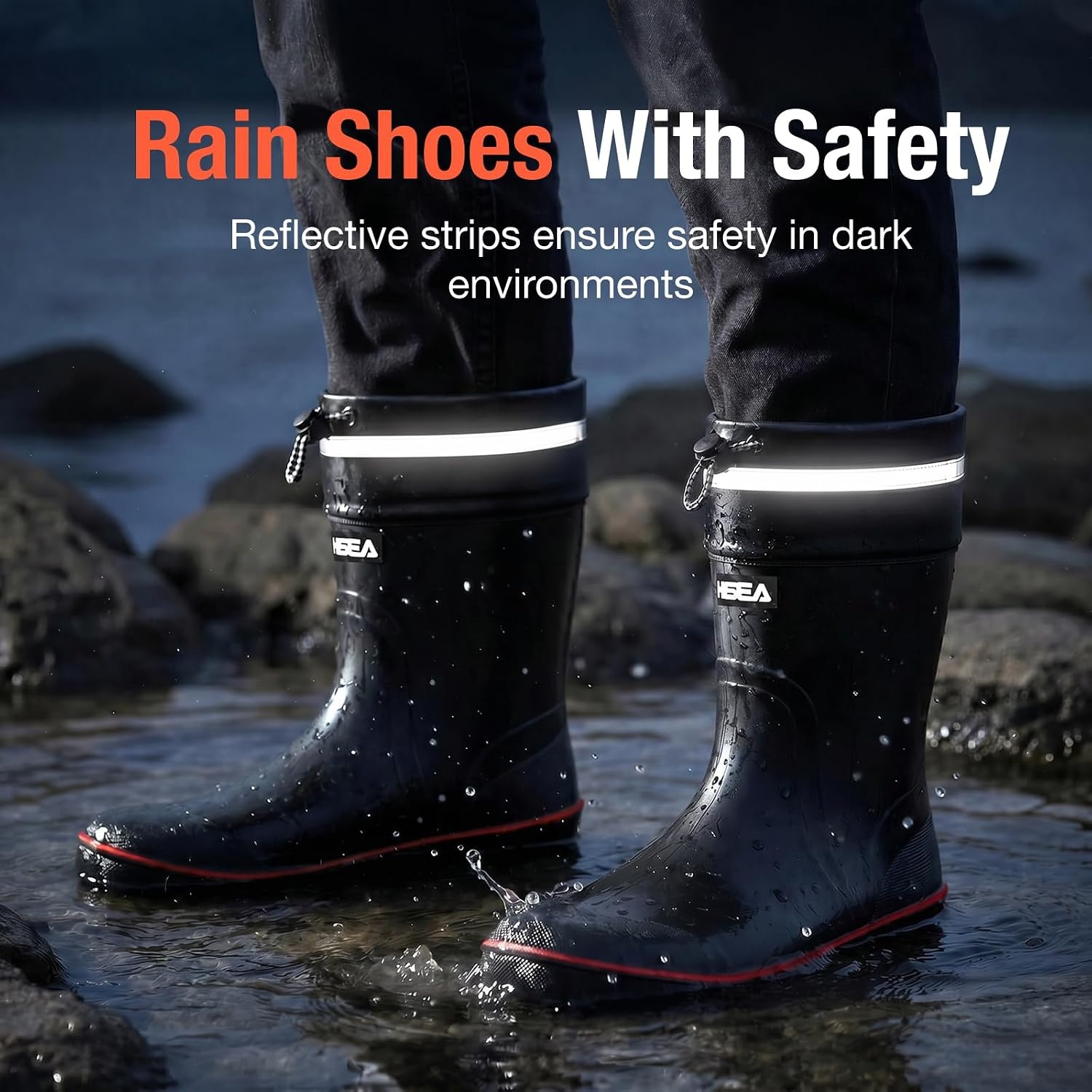 image:imageHISEA Mens Rain Boots Waterproof PVC Rubber Mud Boots Lightweight Comfort MidCalf Work Boots Garden Shoes for Fishing Farming Walking DogsBlack WRedtrim