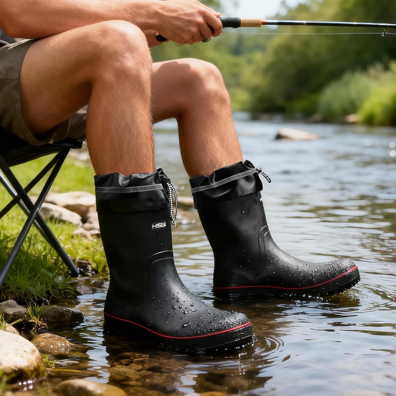 image:imageHISEA Mens Rain Boots Waterproof PVC Rubber Mud Boots Lightweight Comfort MidCalf Work Boots Garden Shoes for Fishing Farming Walking DogsBlack WRedtrim