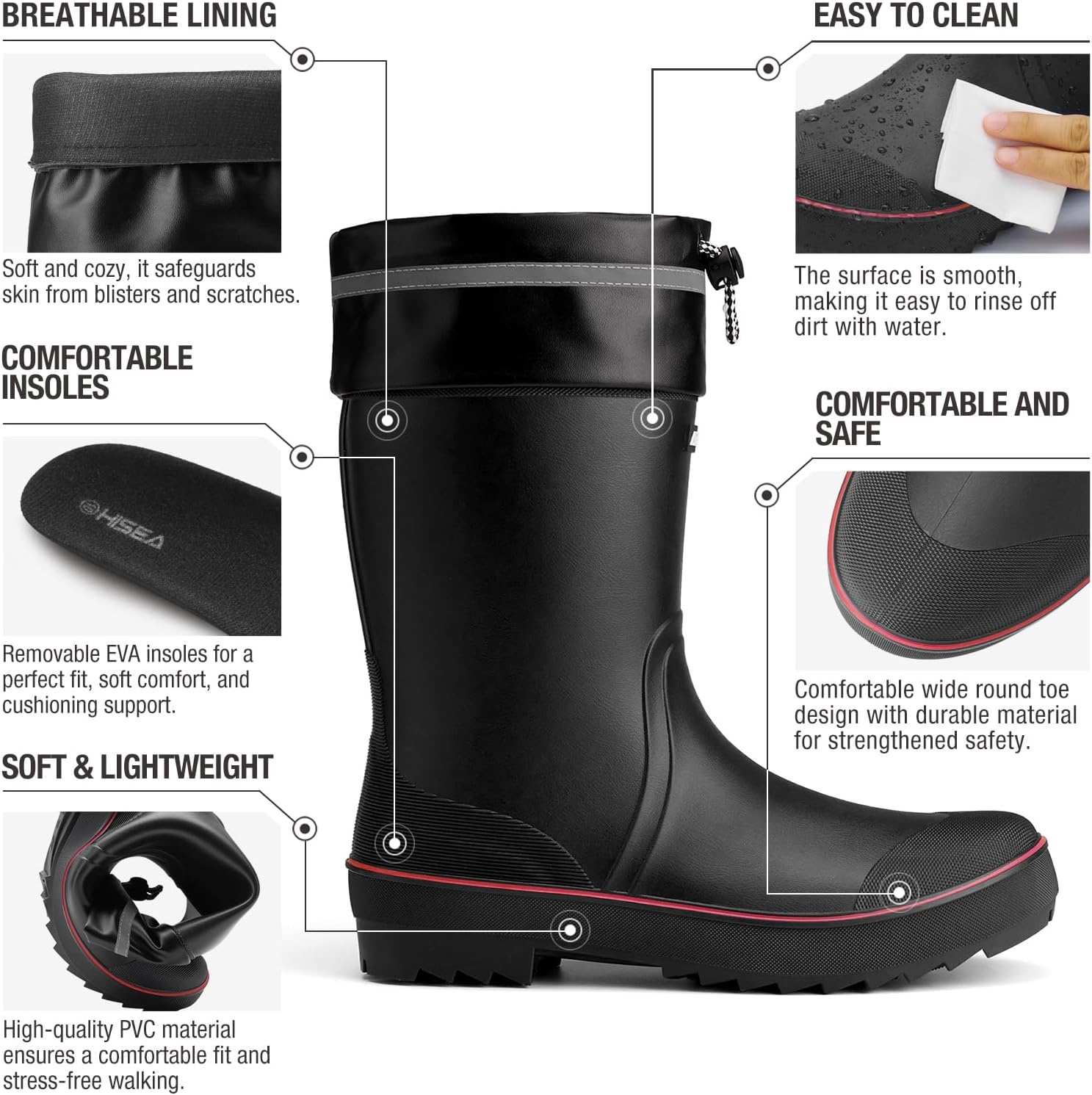 image:imageHISEA Mens Rain Boots Waterproof PVC Rubber Mud Boots Lightweight Comfort MidCalf Work Boots Garden Shoes for Fishing Farming Walking DogsBlack WRedtrim