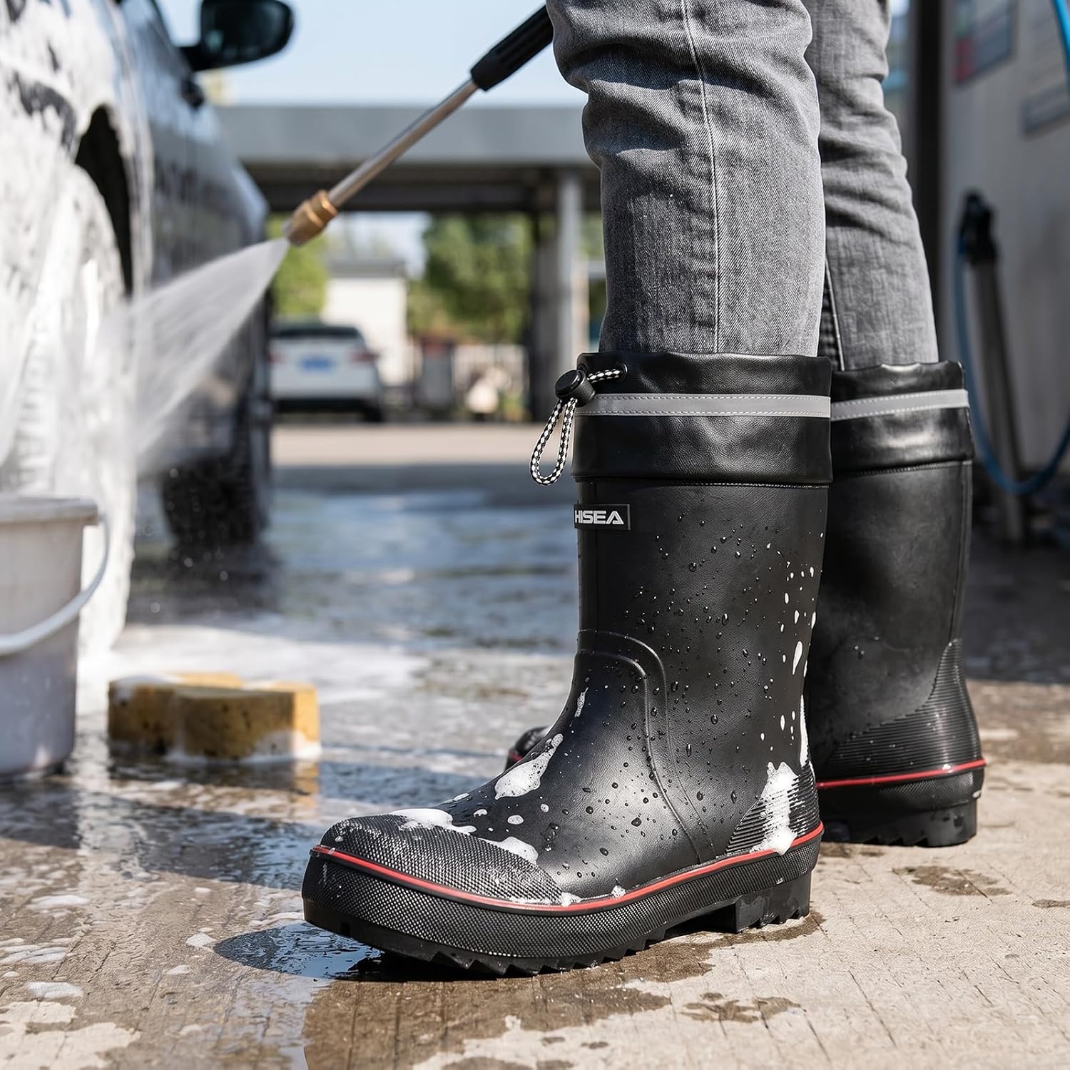 image:imageHISEA Mens Rain Boots Waterproof PVC Rubber Mud Boots Lightweight Comfort MidCalf Work Boots Garden Shoes for Fishing Farming Walking DogsBlack WRedtrim