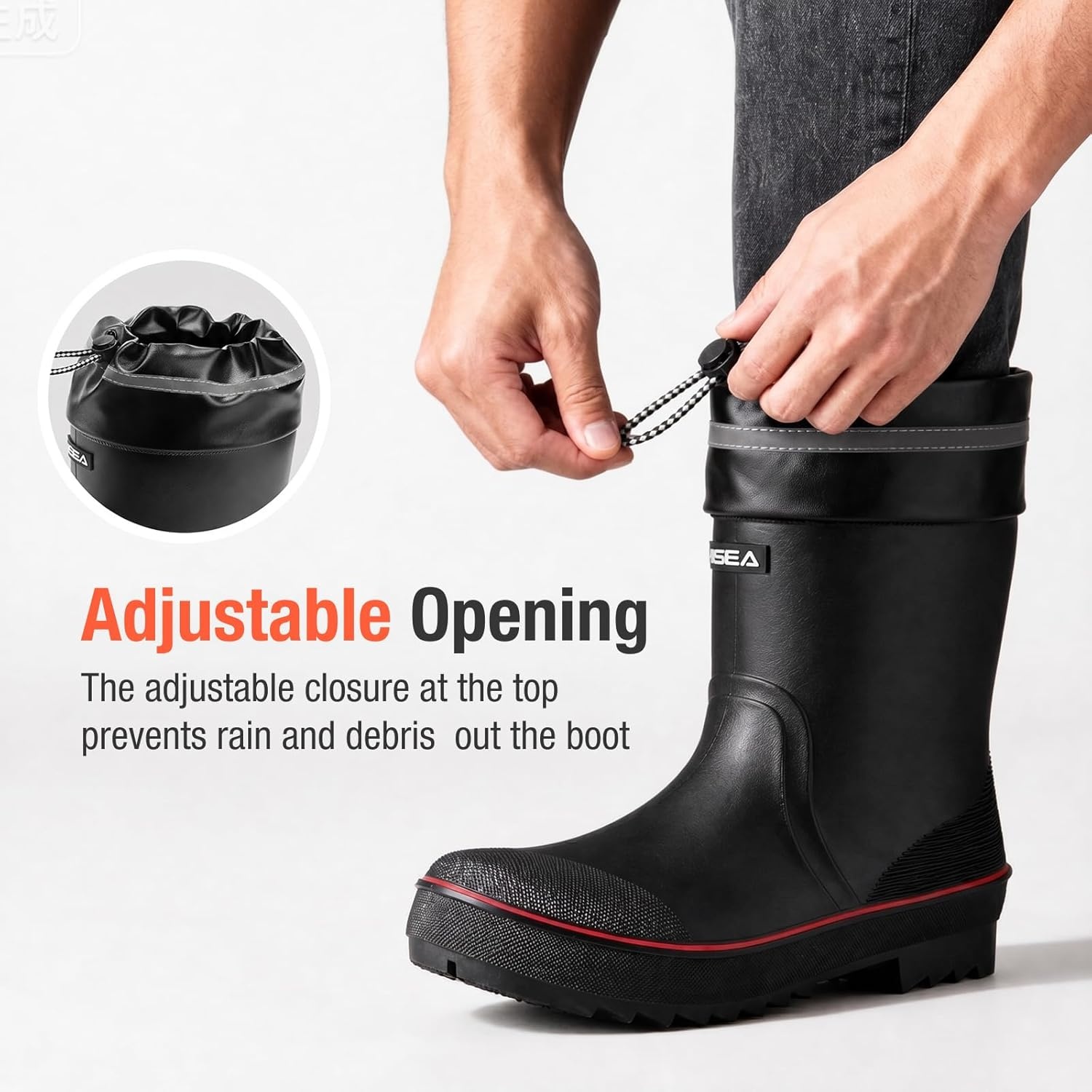 image:imageHISEA Mens Rain Boots Waterproof PVC Rubber Mud Boots Lightweight Comfort MidCalf Work Boots Garden Shoes for Fishing Farming Walking DogsBlack WRedtrim