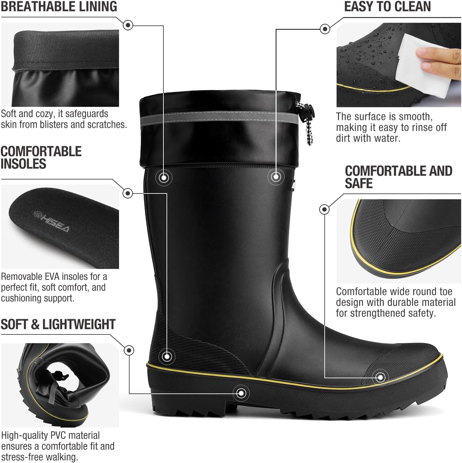 image:imageHISEA Mens Rain Boots Waterproof PVC Rubber Mud Boots Lightweight Comfort MidCalf Work Boots Garden Shoes for Fishing Farming Walking DogsBlack WYellowtrim