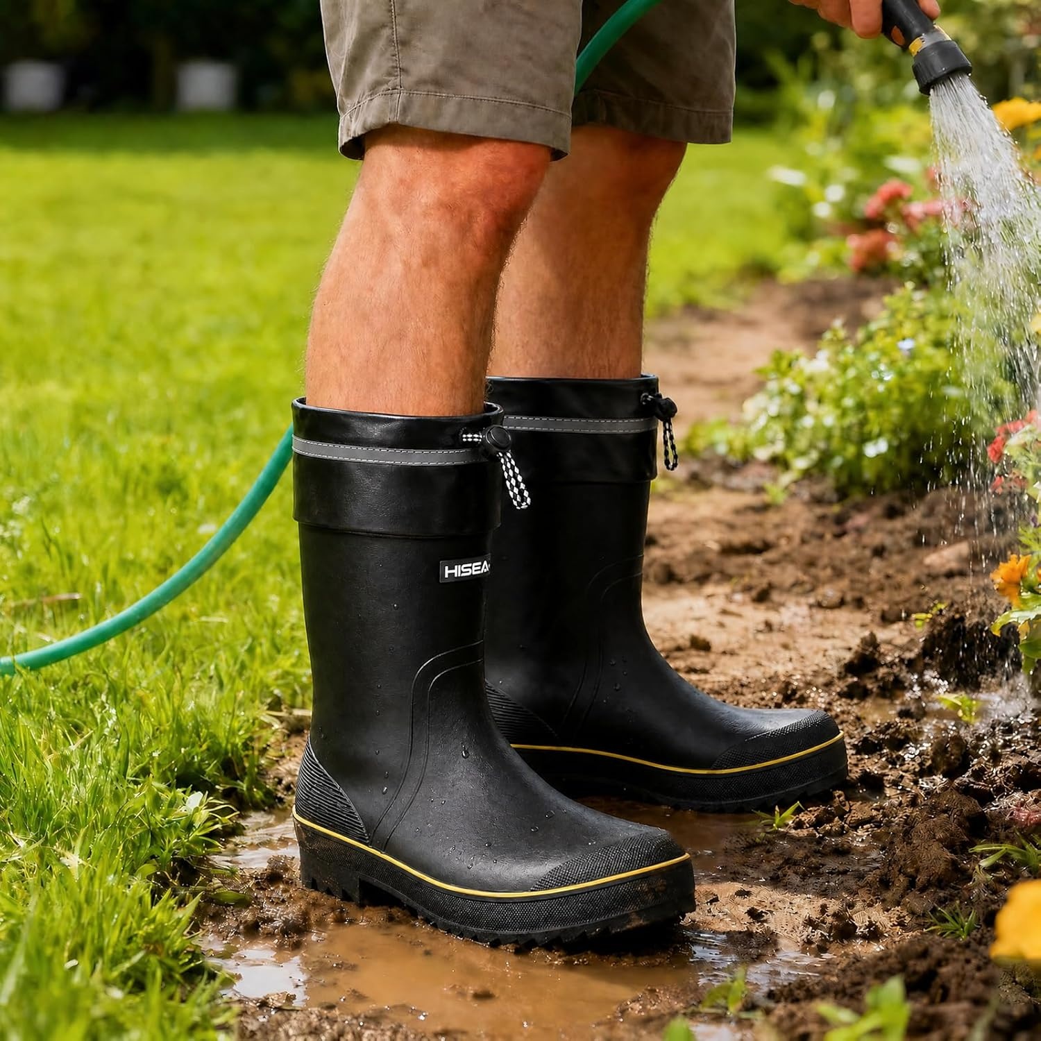 image:imageHISEA Mens Rain Boots Waterproof PVC Rubber Mud Boots Lightweight Comfort MidCalf Work Boots Garden Shoes for Fishing Farming Walking DogsBlack WYellowtrim