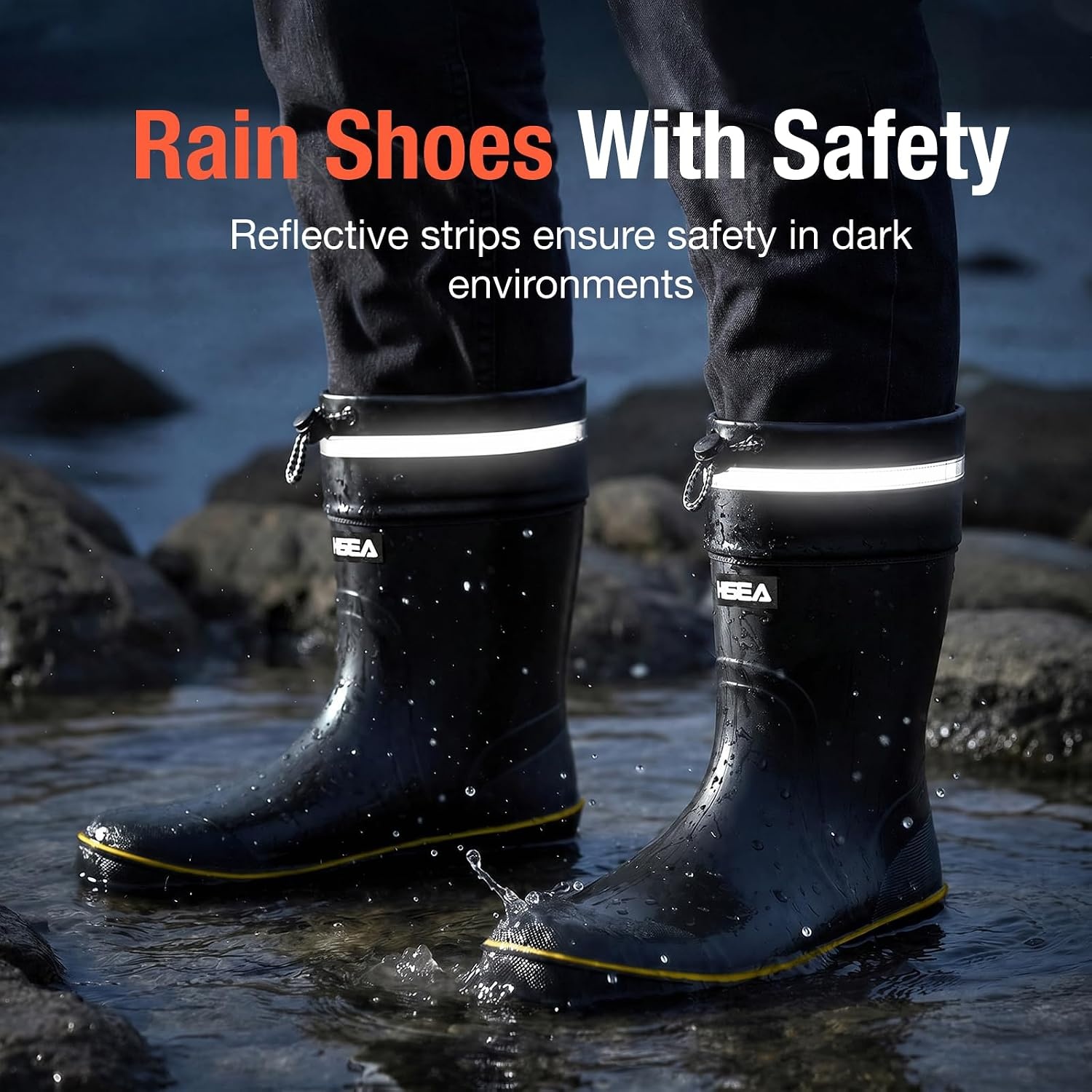 image:imageHISEA Mens Rain Boots Waterproof PVC Rubber Mud Boots Lightweight Comfort MidCalf Work Boots Garden Shoes for Fishing Farming Walking DogsBlack WYellowtrim