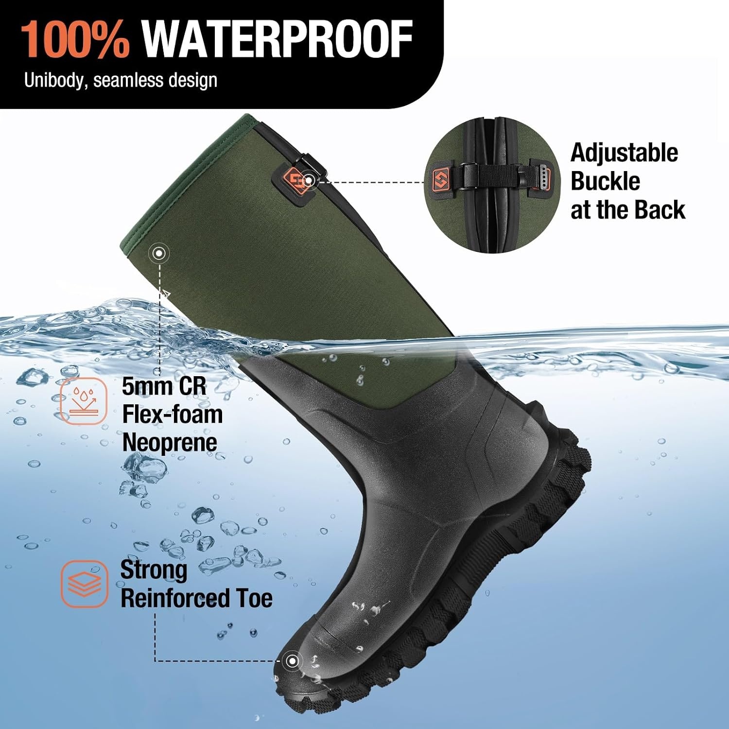 image:imageHISEA Mens Rain Boots with Steel Shank Waterproof Insulated Neoprene Rubber Work Boots Durable AntiSlip Outdoor Mud Shoes Adjustable Calf for Hunting Gardening Farming FishingGreen