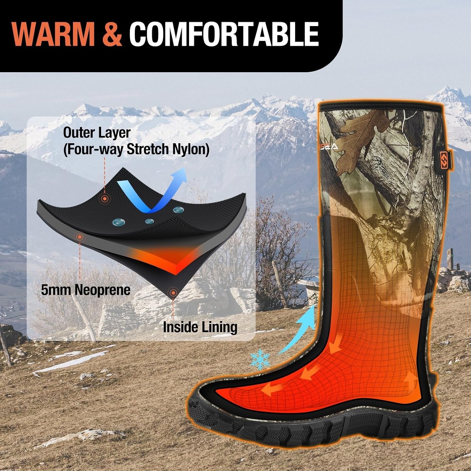 image:imageHISEA Mens Rain Boots with Steel Shank Waterproof Insulated Neoprene Rubber Work Boots Durable AntiSlip Outdoor Mud Shoes Adjustable Calf for Hunting Gardening Farming FishingCamo
