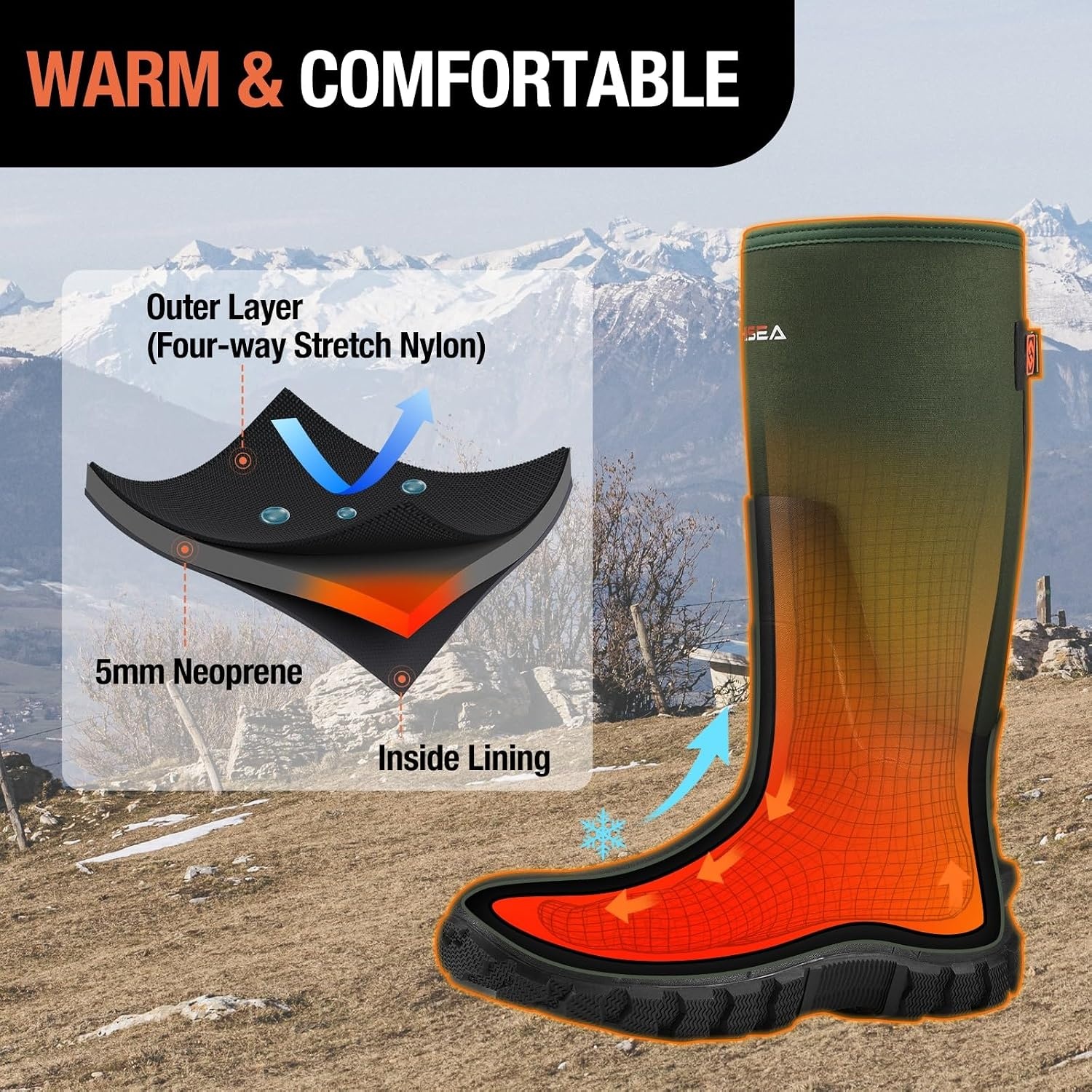 image:imageHISEA Mens Rain Boots with Steel Shank Waterproof Insulated Neoprene Rubber Work Boots Durable AntiSlip Outdoor Mud Shoes Adjustable Calf for Hunting Gardening Farming FishingGreen