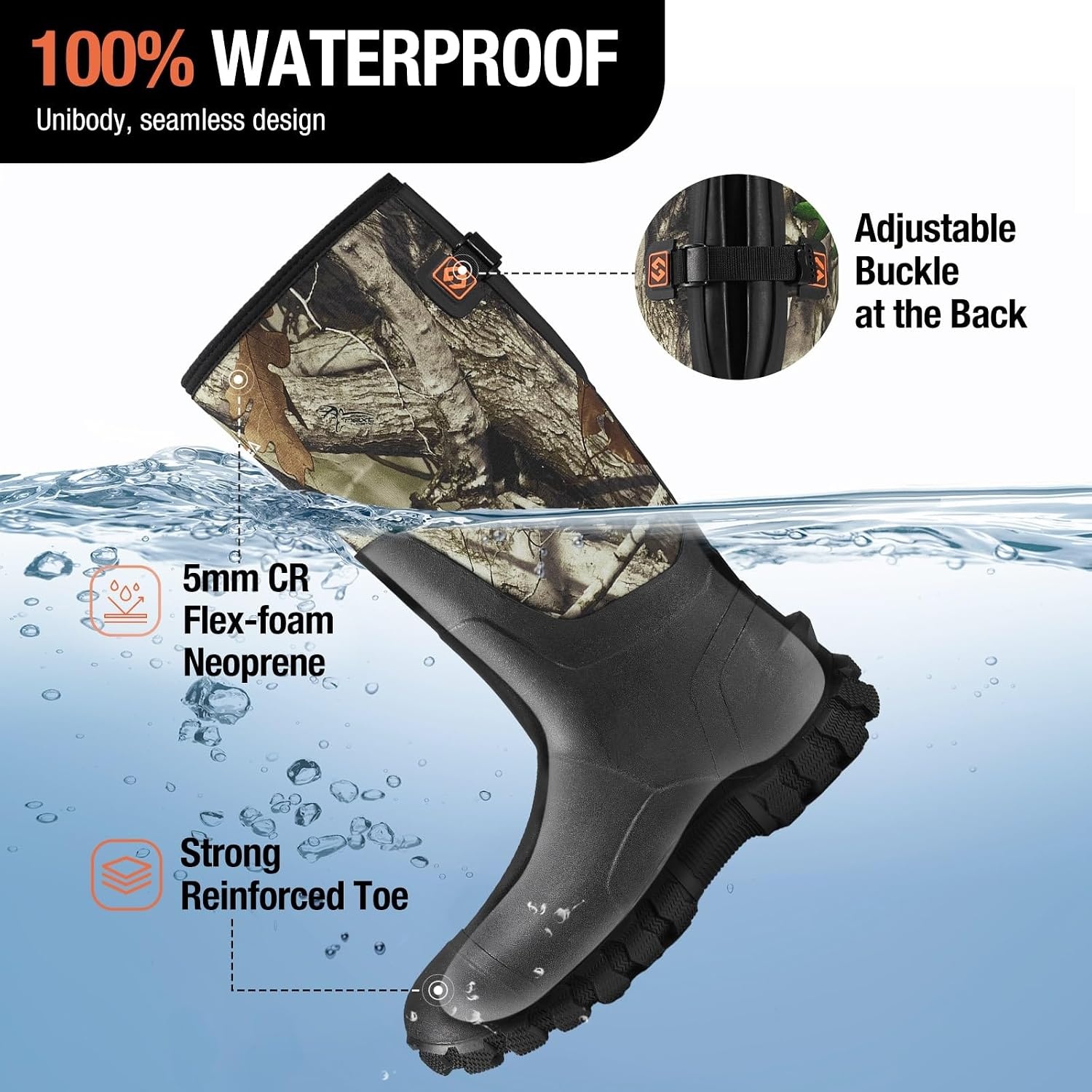 image:imageHISEA Mens Rain Boots with Steel Shank Waterproof Insulated Neoprene Rubber Work Boots Durable AntiSlip Outdoor Mud Shoes Adjustable Calf for Hunting Gardening Farming FishingCamo