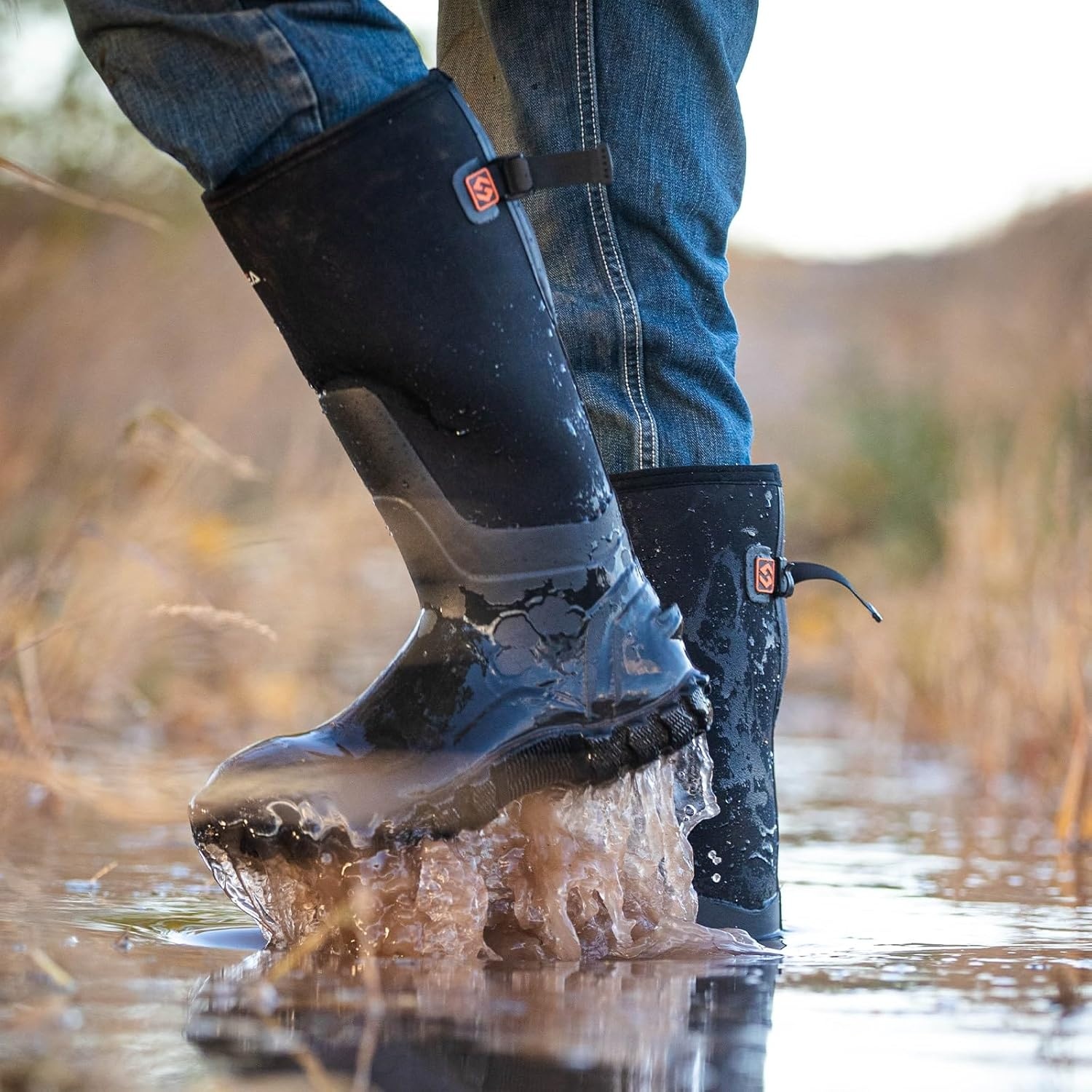 image:imageHISEA Mens Rain Boots with Steel Shank Waterproof Insulated Neoprene Rubber Work Boots Durable AntiSlip Outdoor Mud Shoes Adjustable Calf for Hunting Gardening Farming FishingBlack