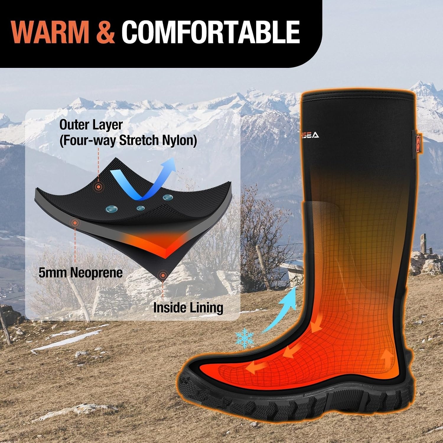 image:imageHISEA Mens Rain Boots with Steel Shank Waterproof Insulated Neoprene Rubber Work Boots Durable AntiSlip Outdoor Mud Shoes Adjustable Calf for Hunting Gardening Farming FishingBlack