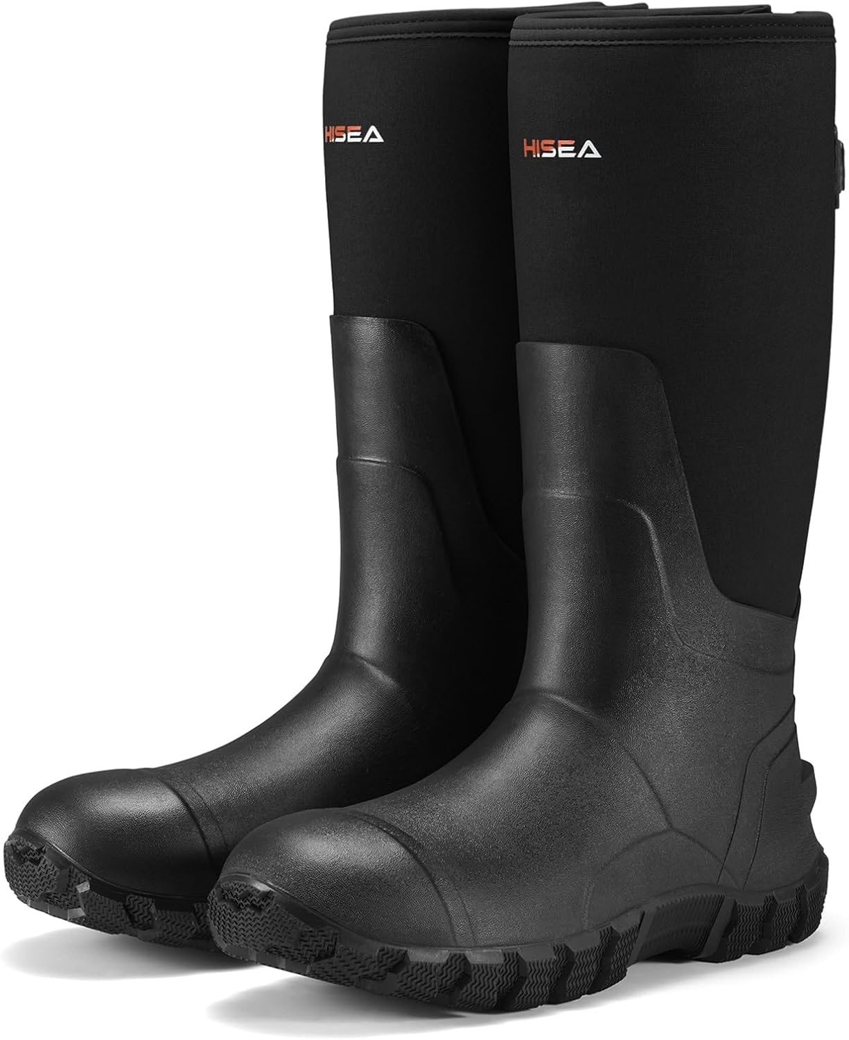 image:imageHISEA Mens Rain Boots with Steel Shank Waterproof Insulated Neoprene Rubber Work Boots Durable AntiSlip Outdoor Mud Shoes Adjustable Calf for Hunting Gardening Farming FishingBlack