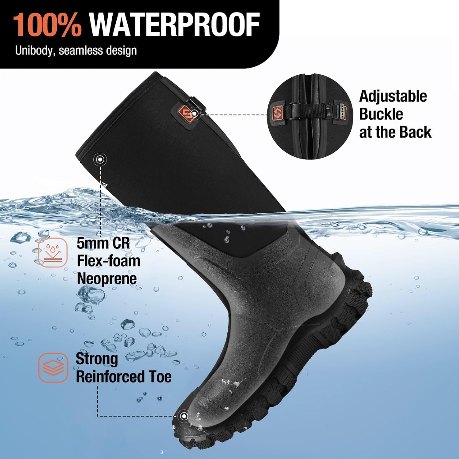image:imageHISEA Mens Rain Boots with Steel Shank Waterproof Insulated Neoprene Rubber Work Boots Durable AntiSlip Outdoor Mud Shoes Adjustable Calf for Hunting Gardening Farming FishingBlack