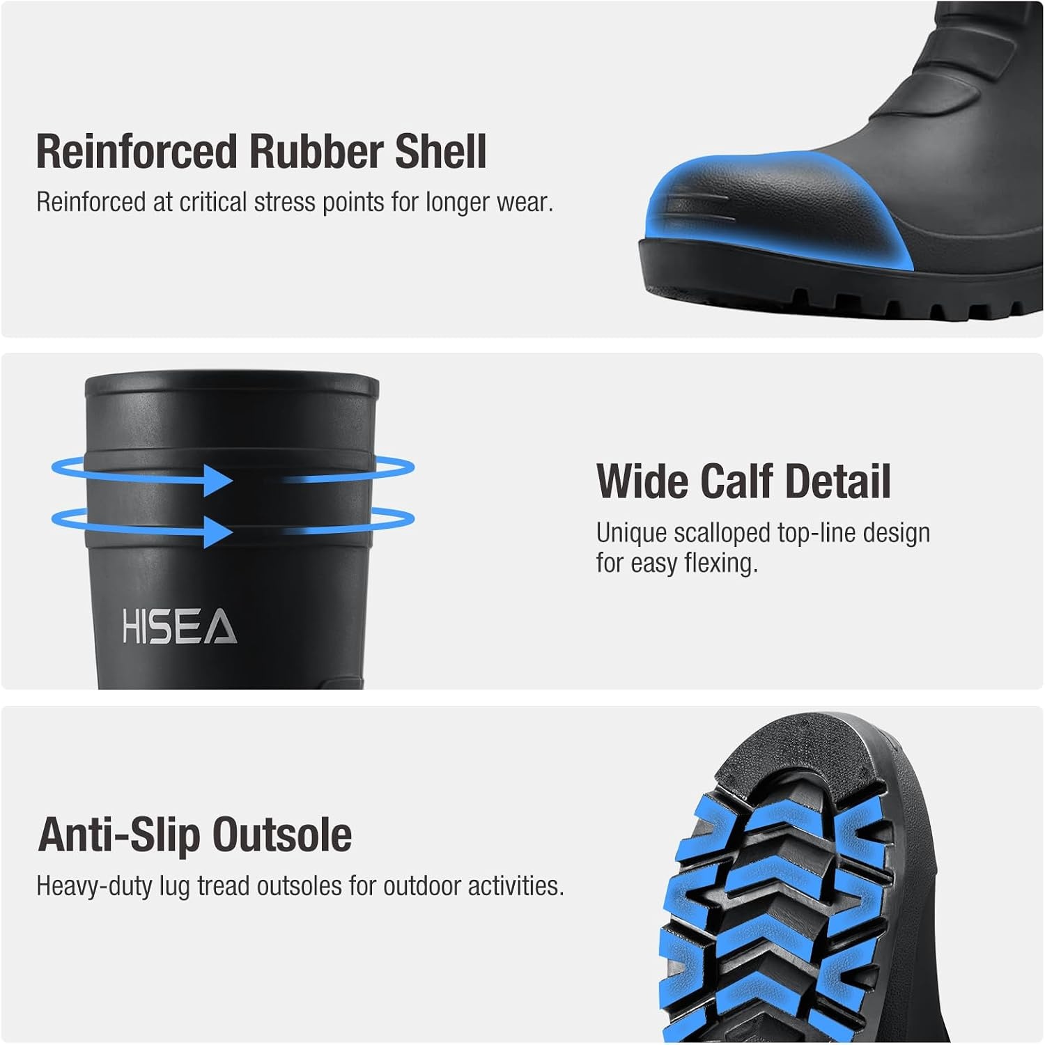 image:imageHISEA Mens Rain Boots with Steel Shank Waterproof Rubber Boots Seamless PVC Rainboots Durable Protective Footwear Outdoor Work Boots Garden Fishing Tall Knee BootBlack