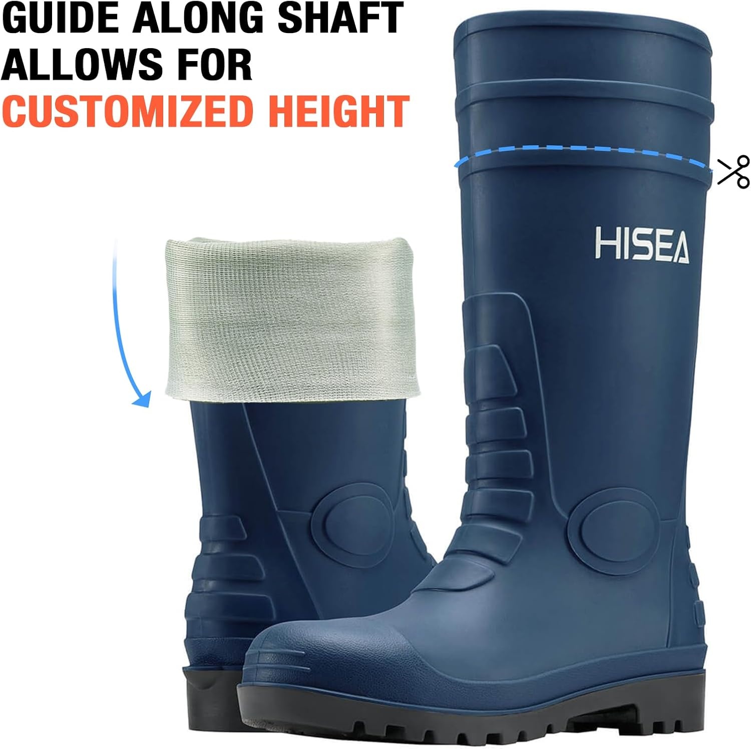 image:imageHISEA Mens Rain Boots with Steel Shank Waterproof Rubber Boots Seamless PVC Rainboots Durable Protective Footwear Outdoor Work Boots Garden Fishing Tall Knee BootNavy Blue