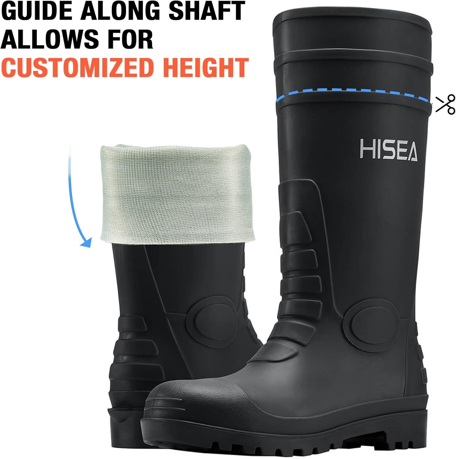 image:imageHISEA Mens Rain Boots with Steel Shank Waterproof Rubber Boots Seamless PVC Rainboots Durable Protective Footwear Outdoor Work Boots Garden Fishing Tall Knee BootBlack