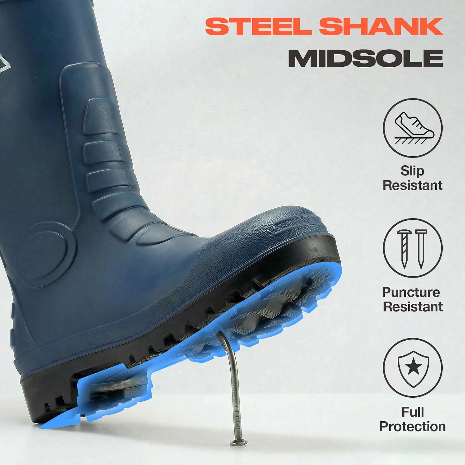 image:imageHISEA Mens Rain Boots with Steel Shank Waterproof Rubber Boots Seamless PVC Rainboots Durable Protective Footwear Outdoor Work Boots Garden Fishing Tall Knee BootNavy Blue