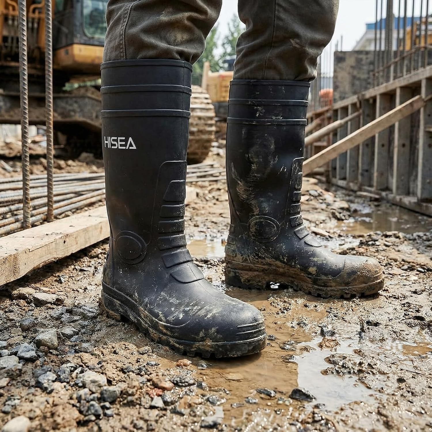 image:imageHISEA Mens Rain Boots with Steel Shank Waterproof Rubber Boots Seamless PVC Rainboots Durable Protective Footwear Outdoor Work Boots Garden Fishing Tall Knee BootBlack