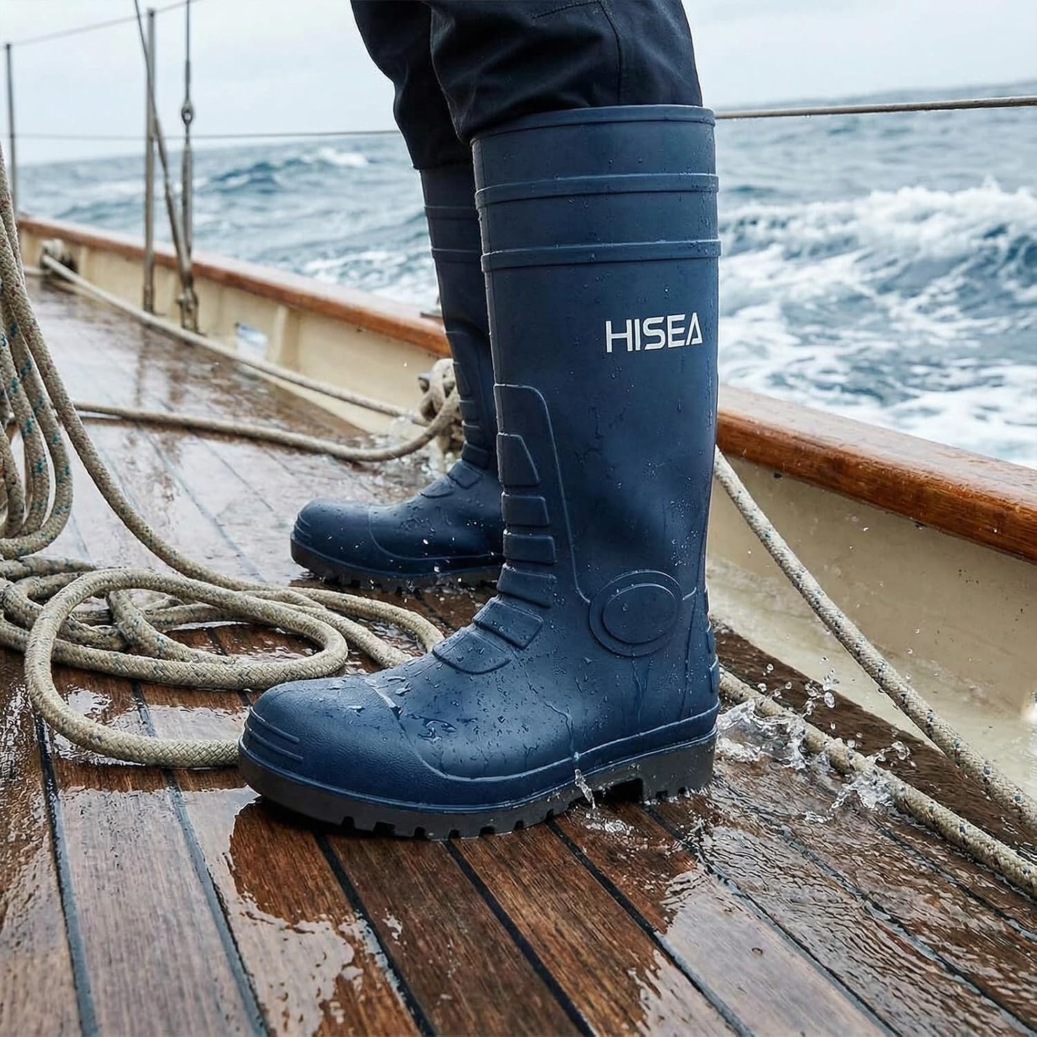 image:imageHISEA Mens Rain Boots with Steel Shank Waterproof Rubber Boots Seamless PVC Rainboots Durable Protective Footwear Outdoor Work Boots Garden Fishing Tall Knee BootNavy Blue