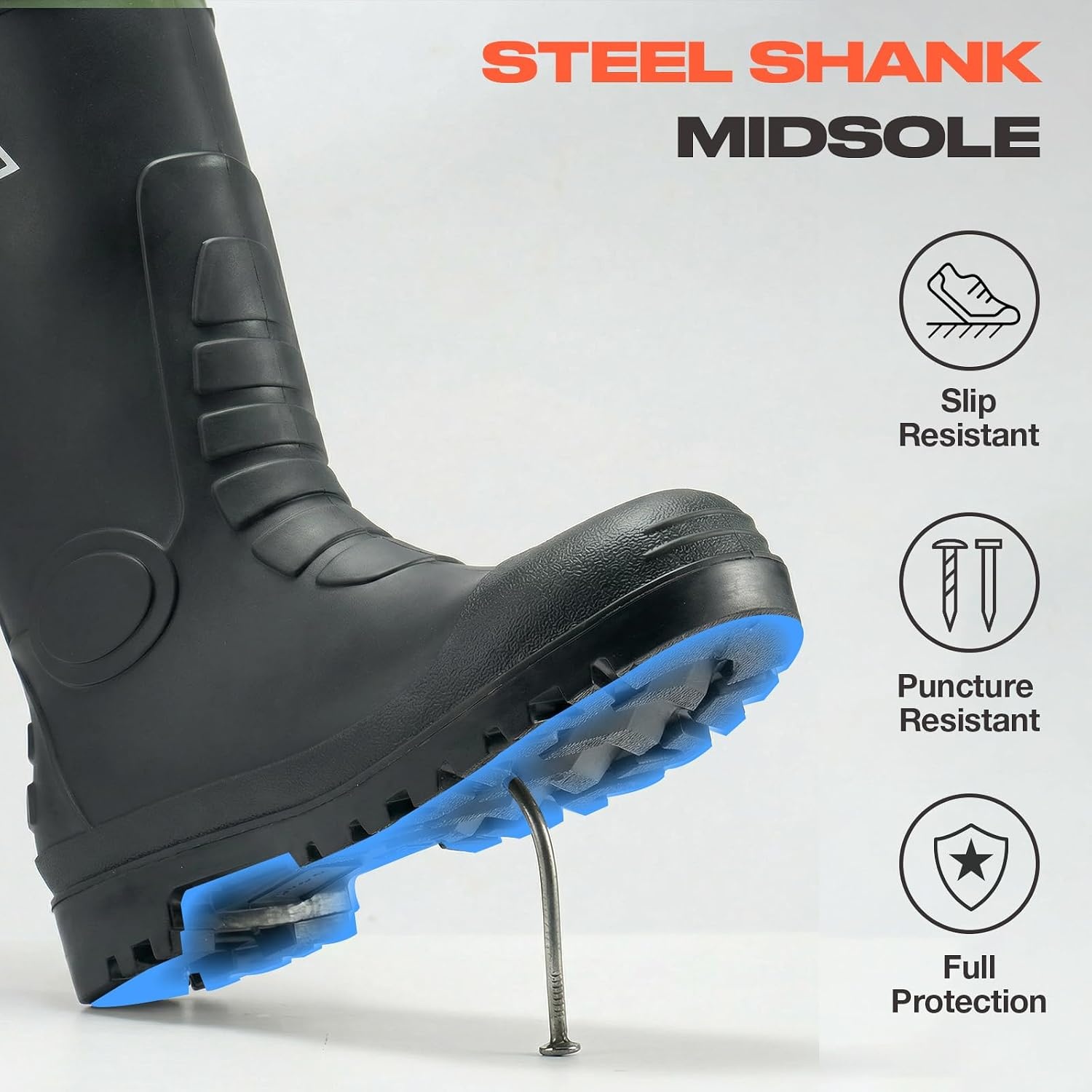 image:imageHISEA Mens Rain Boots with Steel Shank Waterproof Rubber Boots Seamless PVC Rainboots Durable Protective Footwear Outdoor Work Boots Garden Fishing Tall Knee BootBlack