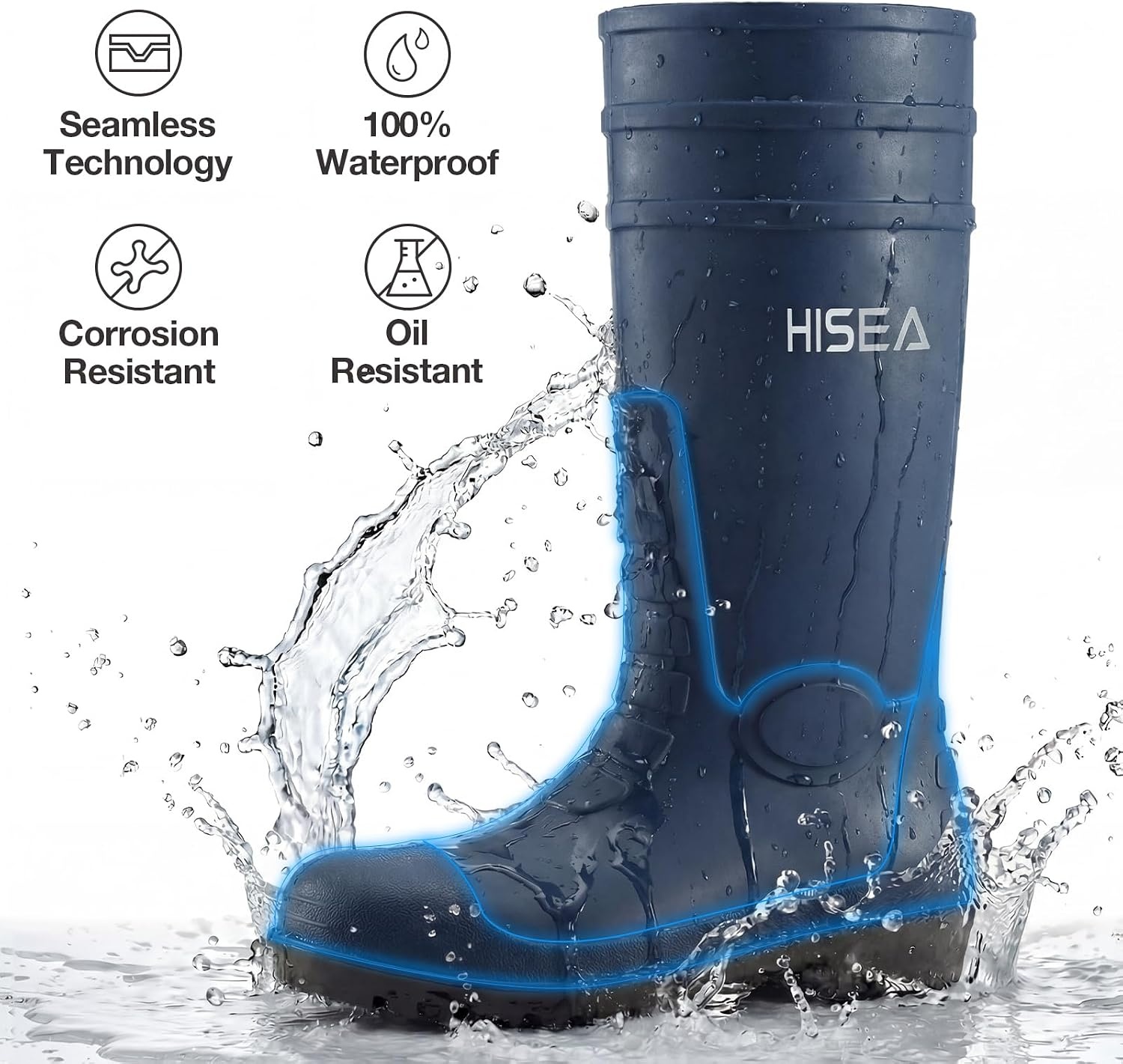 image:imageHISEA Mens Rain Boots with Steel Shank Waterproof Rubber Boots Seamless PVC Rainboots Durable Protective Footwear Outdoor Work Boots Garden Fishing Tall Knee BootNavy Blue