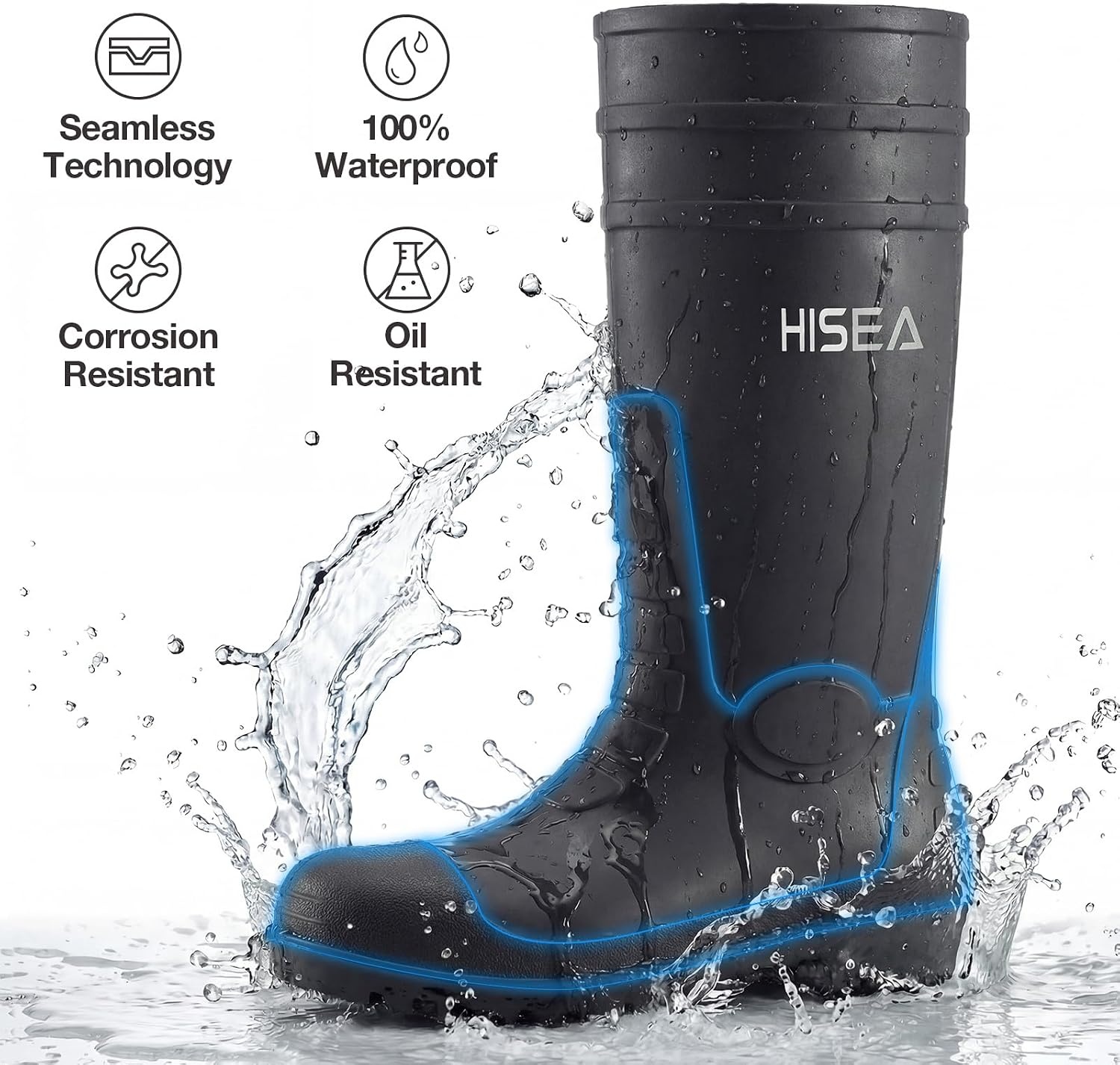 image:imageHISEA Mens Rain Boots with Steel Shank Waterproof Rubber Boots Seamless PVC Rainboots Durable Protective Footwear Outdoor Work Boots Garden Fishing Tall Knee BootBlack