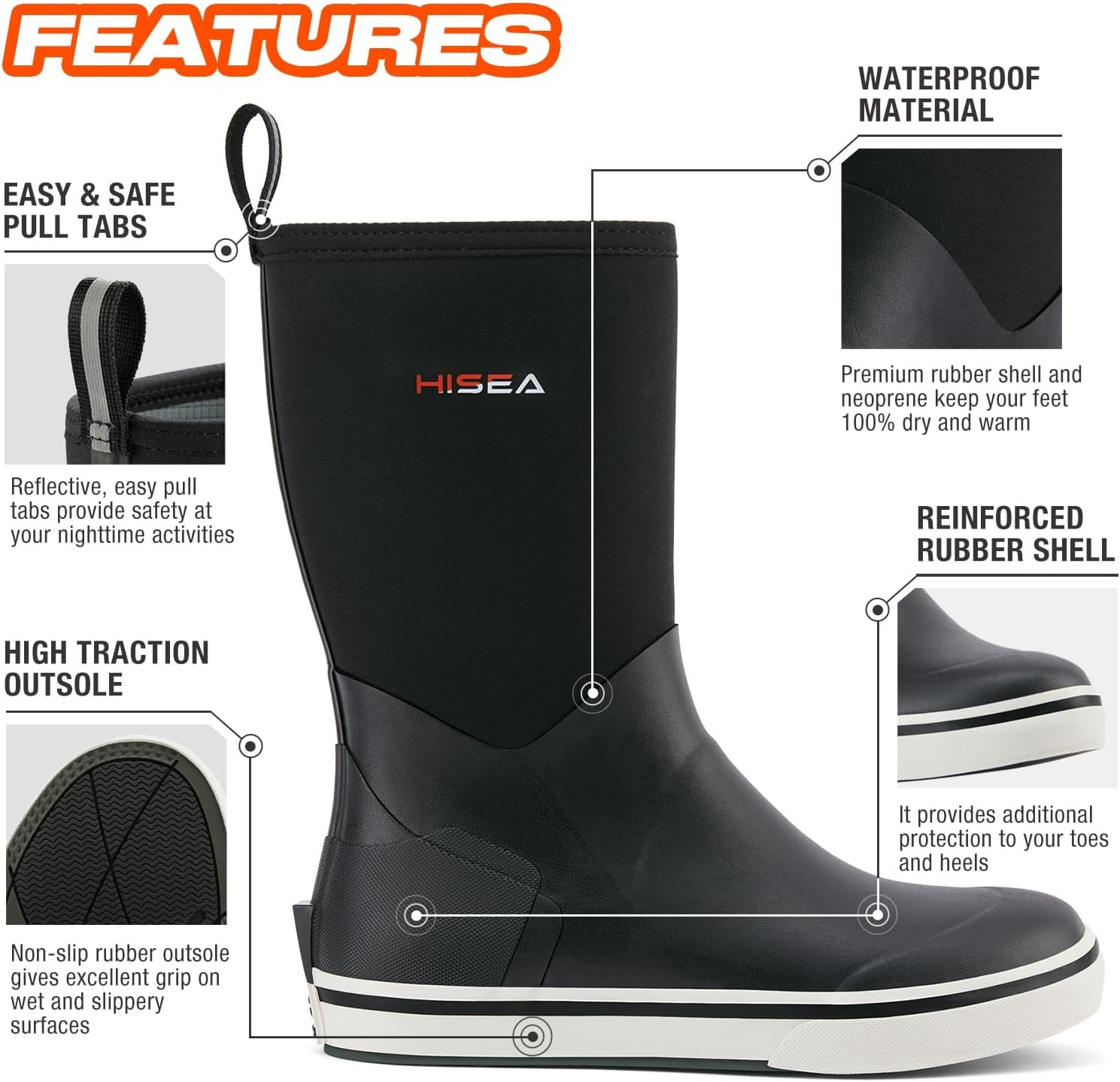 image:imageHISEA Mens Rubber Rain Boots Waterproof Garden Fishing Outdoor Deck BootsBlack