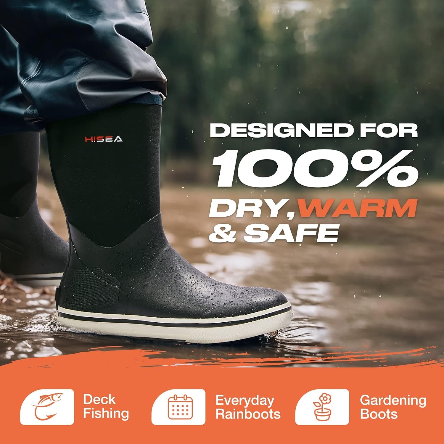 image:imageHISEA Mens Rubber Rain Boots Waterproof Garden Fishing Outdoor Deck BootsBlack