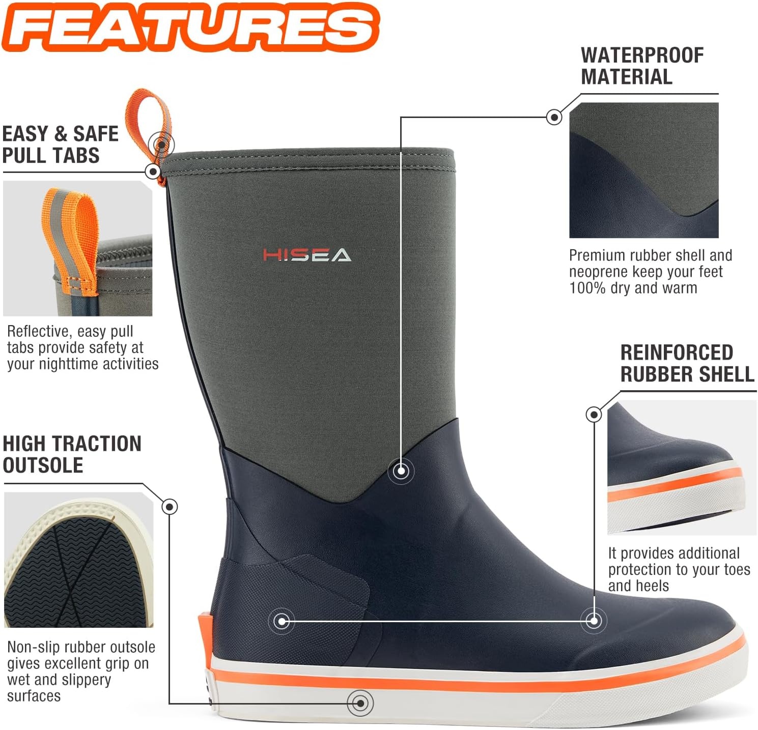 image:imageHISEA Mens Rubber Rain Boots Waterproof Garden Fishing Outdoor Deck BootsBlue
