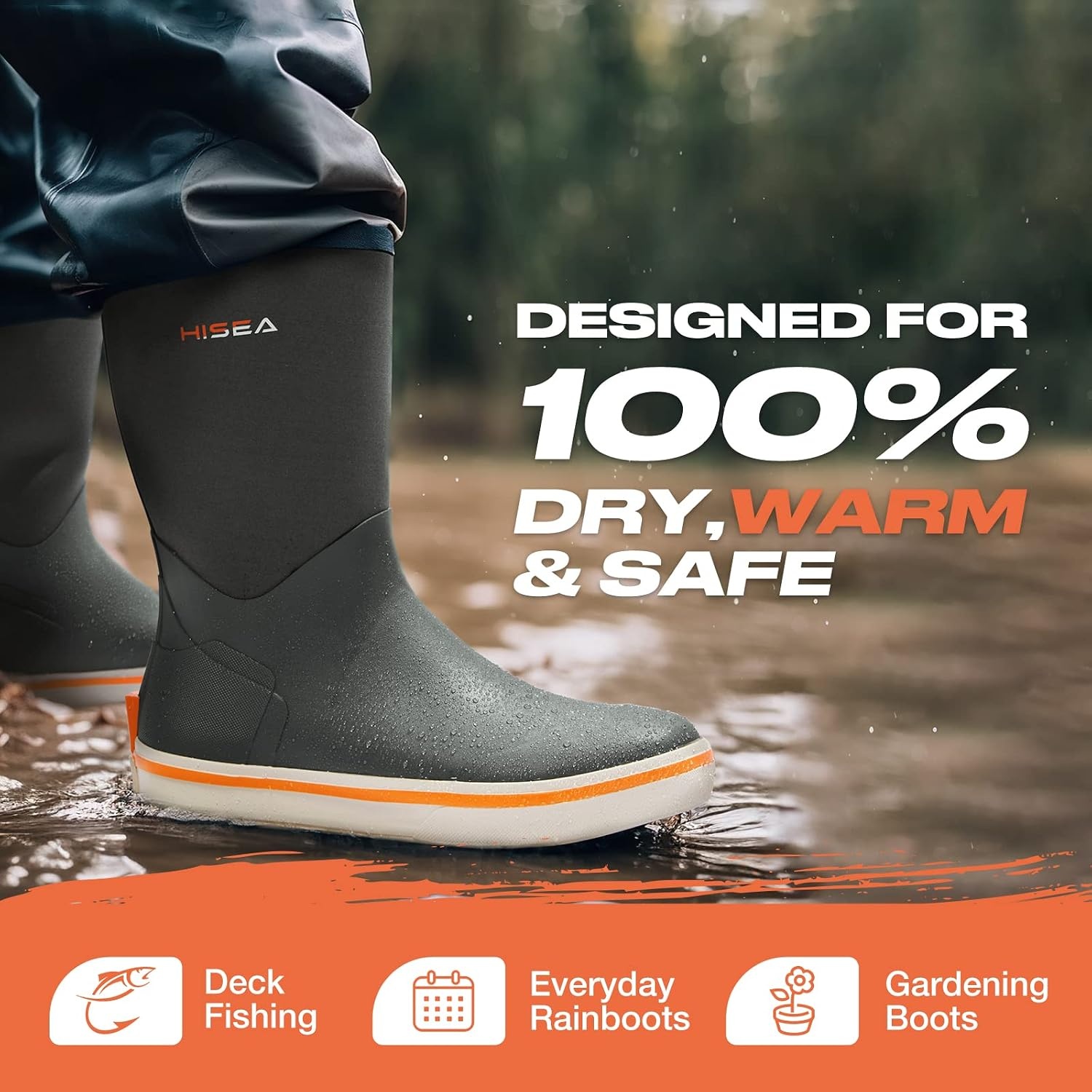 image:imageHISEA Mens Rubber Rain Boots Waterproof Garden Fishing Outdoor Deck BootsGrey