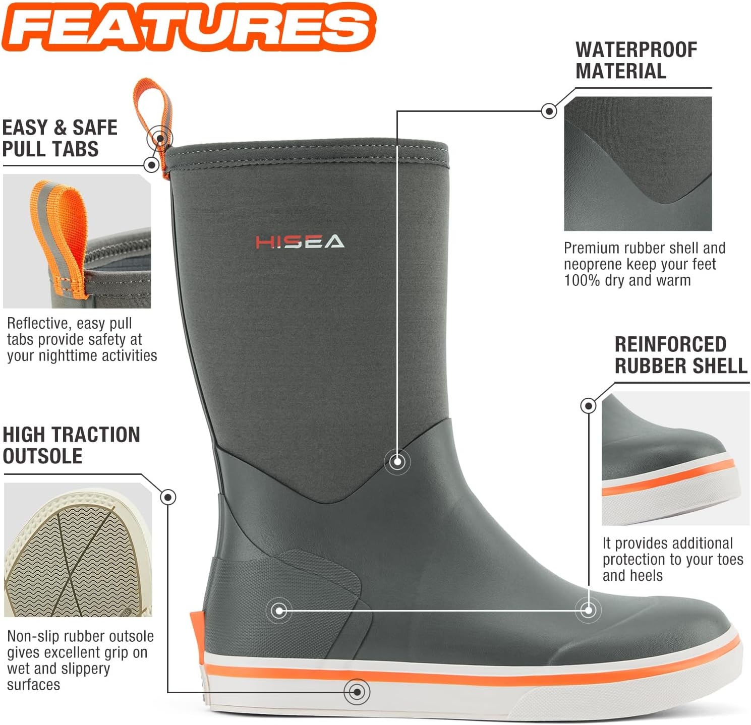 image:imageHISEA Mens Rubber Rain Boots Waterproof Garden Fishing Outdoor Deck BootsGrey