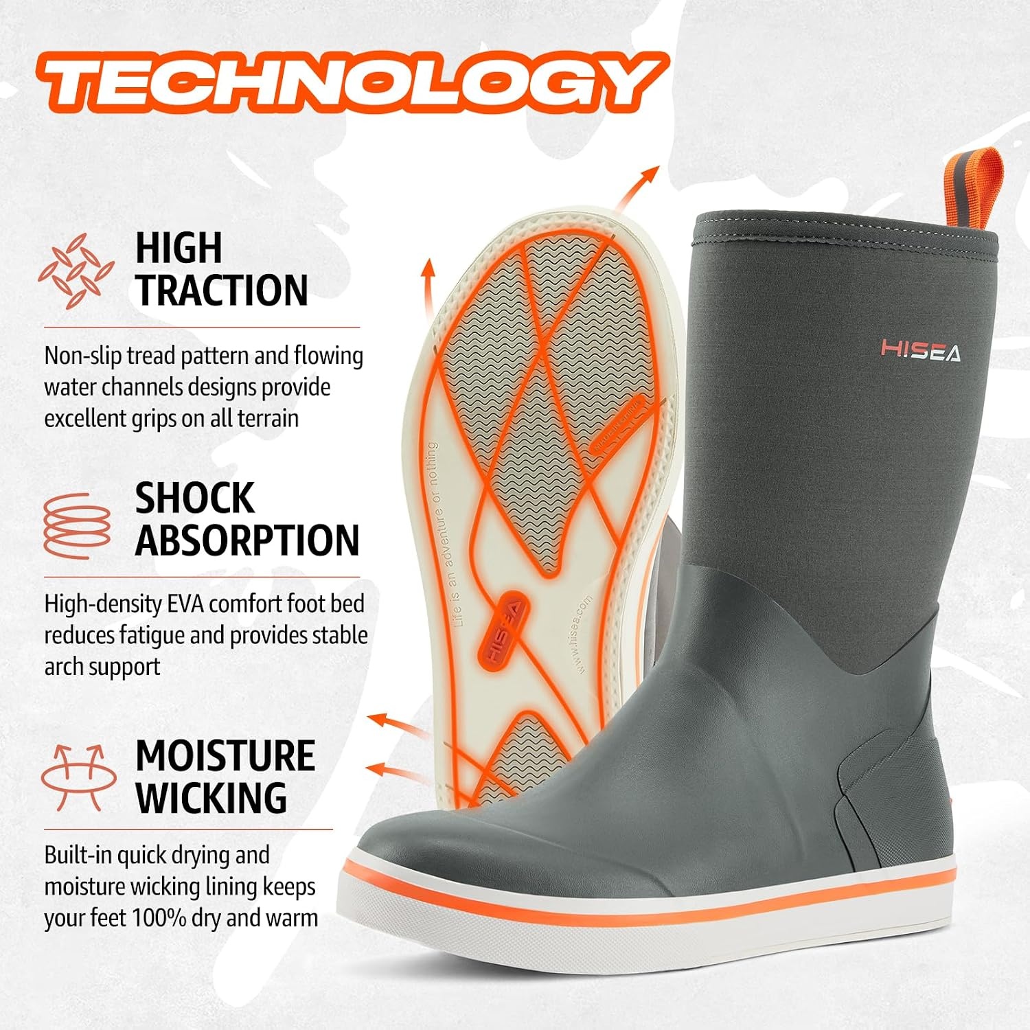 image:imageHISEA Mens Rubber Rain Boots Waterproof Garden Fishing Outdoor Deck BootsGrey