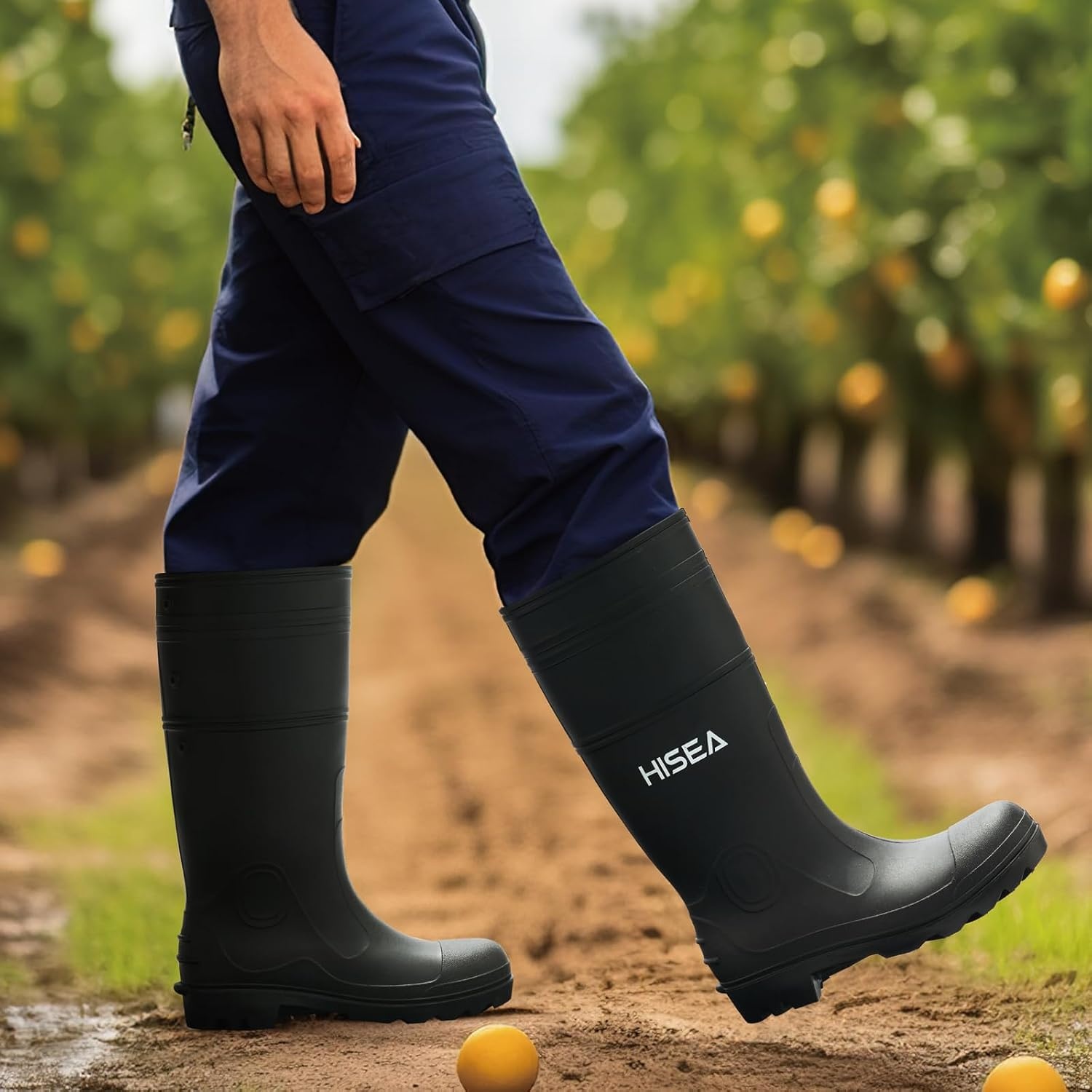 image:imageHISEA Mens Steel Shank Rain Boots Waterproof PVC Rubber Boots Garden Fishing NonSlip Ourdoor Work Boots Lightweight Seamless Knee High Mud Rainboots for Agriculture and Industrial WorkingBlack