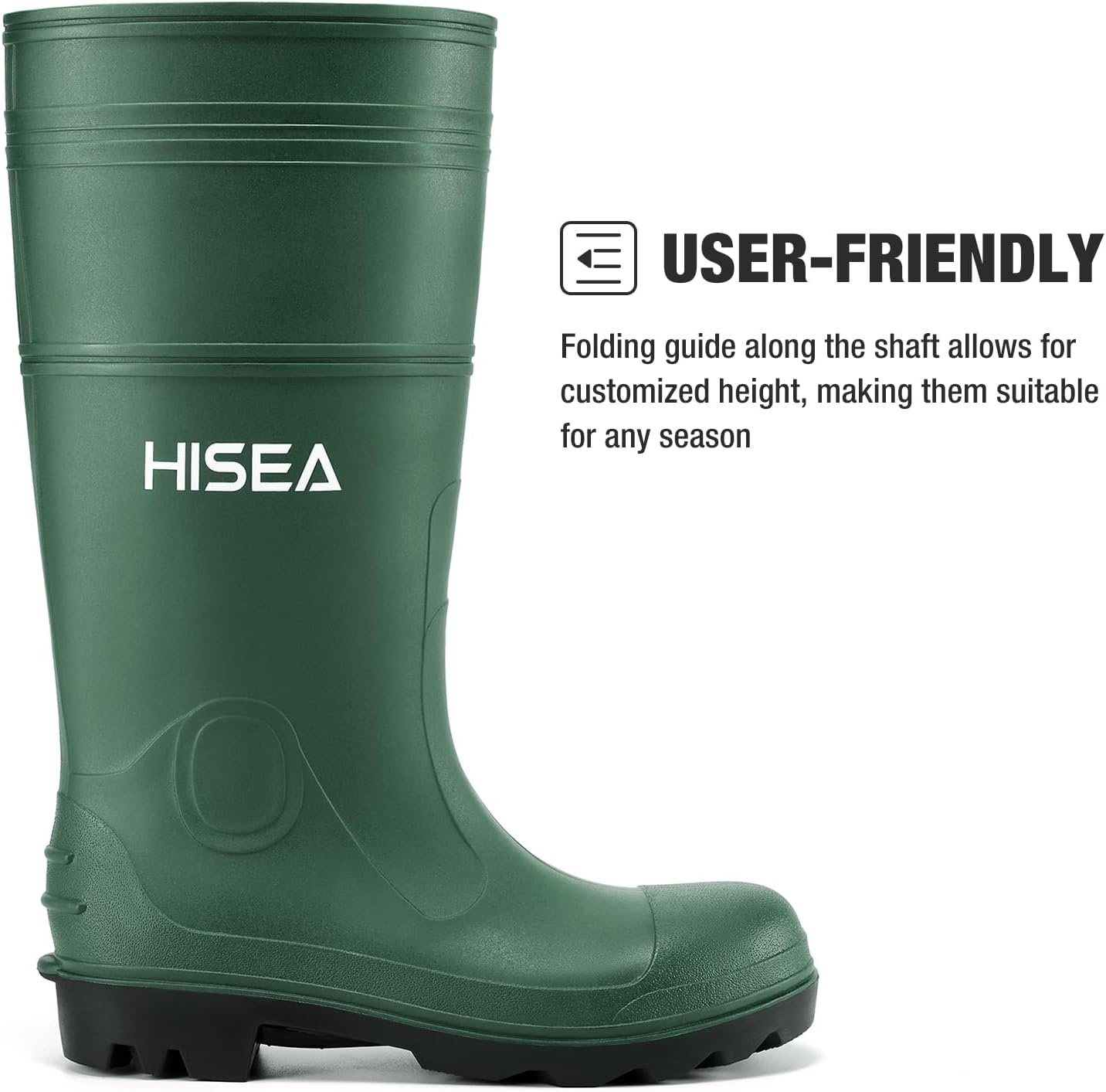 image:imageHISEA Mens Steel Shank Rain Boots Waterproof PVC Rubber Boots Garden Fishing NonSlip Ourdoor Work Boots Lightweight Seamless Knee High Mud Rainboots for Agriculture and Industrial WorkingGreen