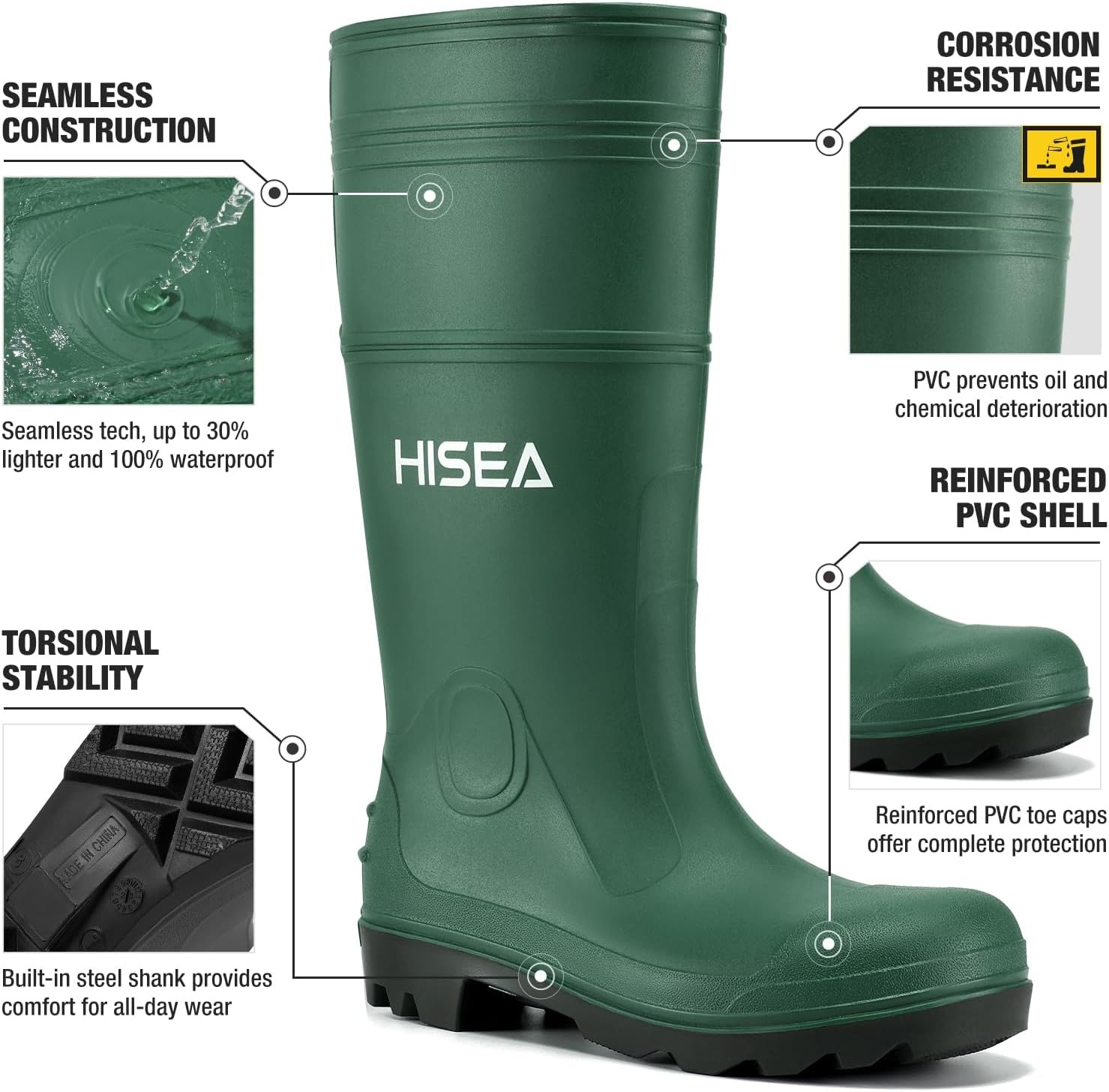 image:imageHISEA Mens Steel Shank Rain Boots Waterproof PVC Rubber Boots Garden Fishing NonSlip Ourdoor Work Boots Lightweight Seamless Knee High Mud Rainboots for Agriculture and Industrial WorkingGreen