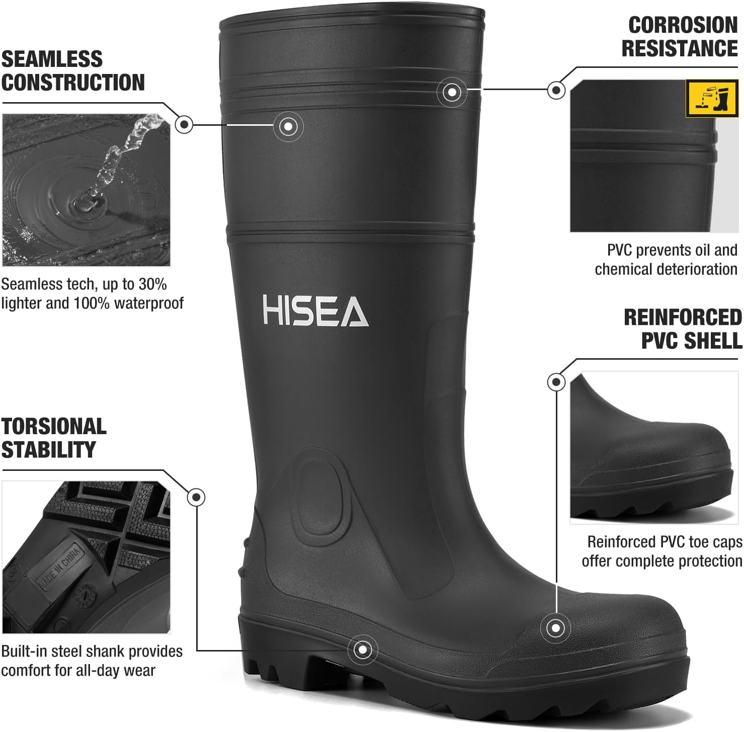 image:imageHISEA Mens Steel Shank Rain Boots Waterproof PVC Rubber Boots Garden Fishing NonSlip Ourdoor Work Boots Lightweight Seamless Knee High Mud Rainboots for Agriculture and Industrial WorkingBlack