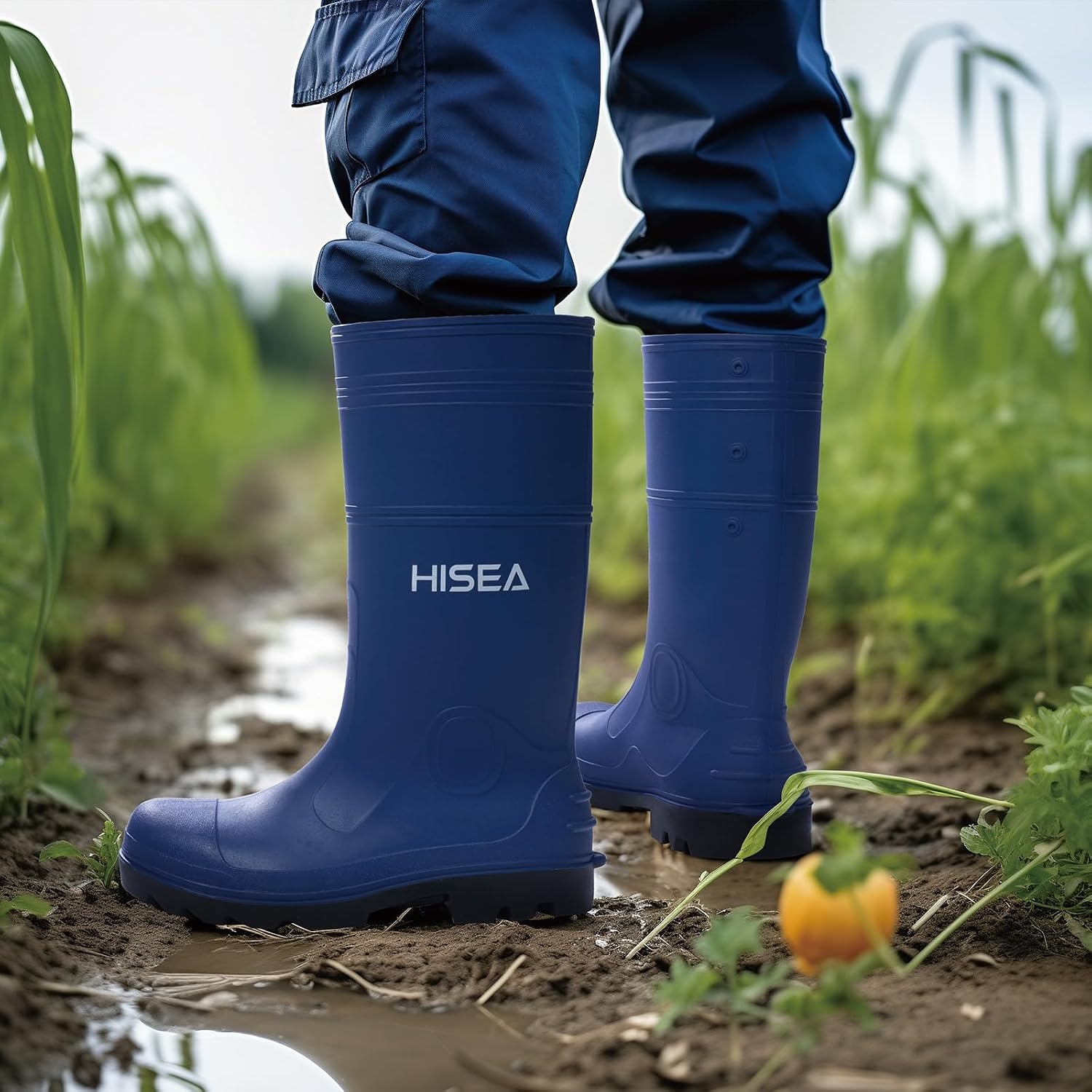 image:imageHISEA Mens Steel Shank Rain Boots Waterproof PVC Rubber Boots Garden Fishing NonSlip Ourdoor Work Boots Lightweight Seamless Knee High Mud Rainboots for Agriculture and Industrial WorkingGreen