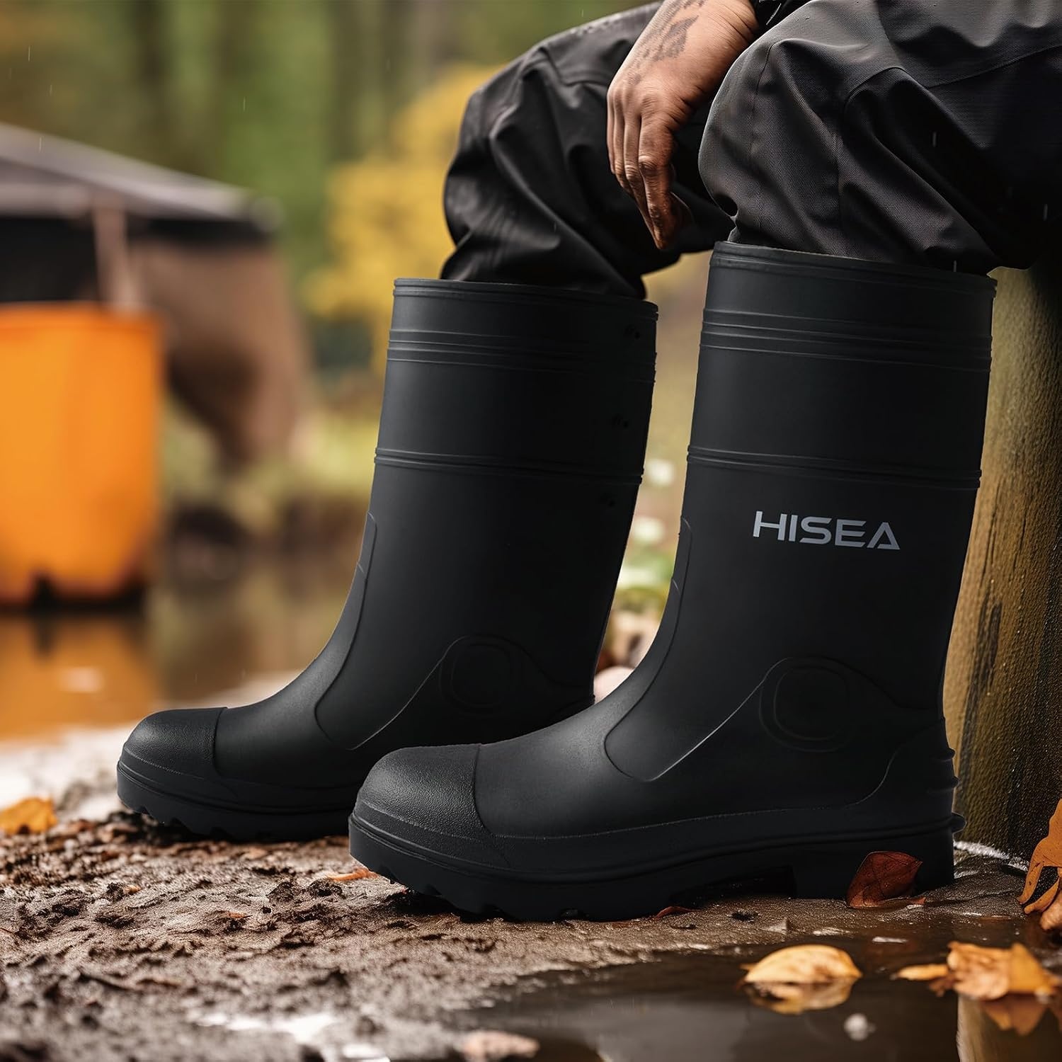image:imageHISEA Mens Steel Shank Rain Boots Waterproof PVC Rubber Boots Garden Fishing NonSlip Ourdoor Work Boots Lightweight Seamless Knee High Mud Rainboots for Agriculture and Industrial WorkingBlack