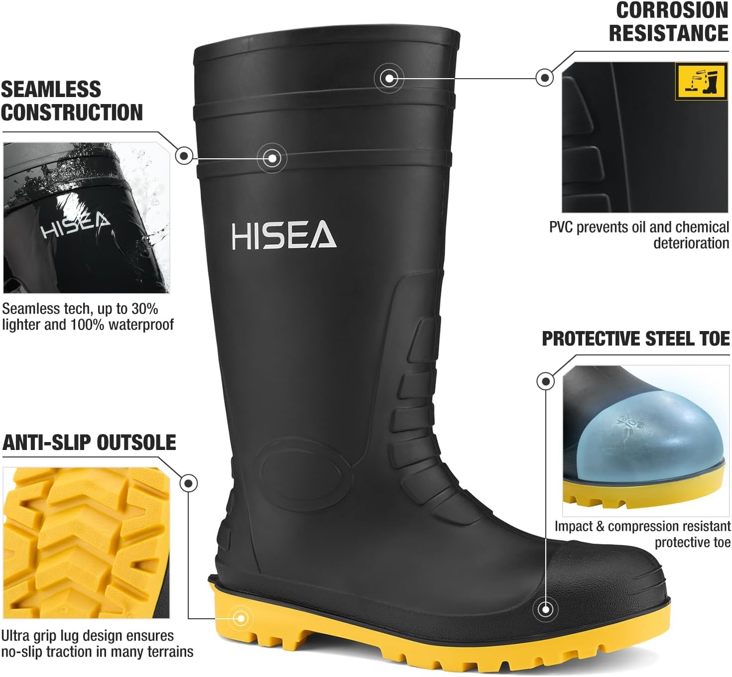image:imageHISEA Mens Steel Toe Rain Boots PVC Rubber Boots Waterproof Garden Fishing Outdoor Work Boots Durable Slip Resistant Knee Boots for Agriculture and Industrial WorkingBlackYellow