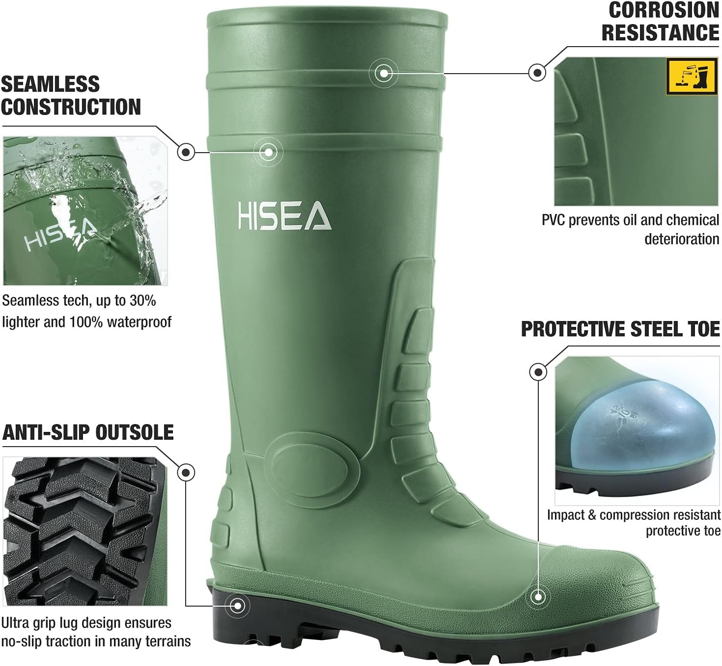 image:imageHISEA Mens Steel Toe Rain Boots PVC Rubber Boots Waterproof Garden Fishing Outdoor Work Boots Durable Slip Resistant Knee Boots for Agriculture and Industrial WorkingGreen