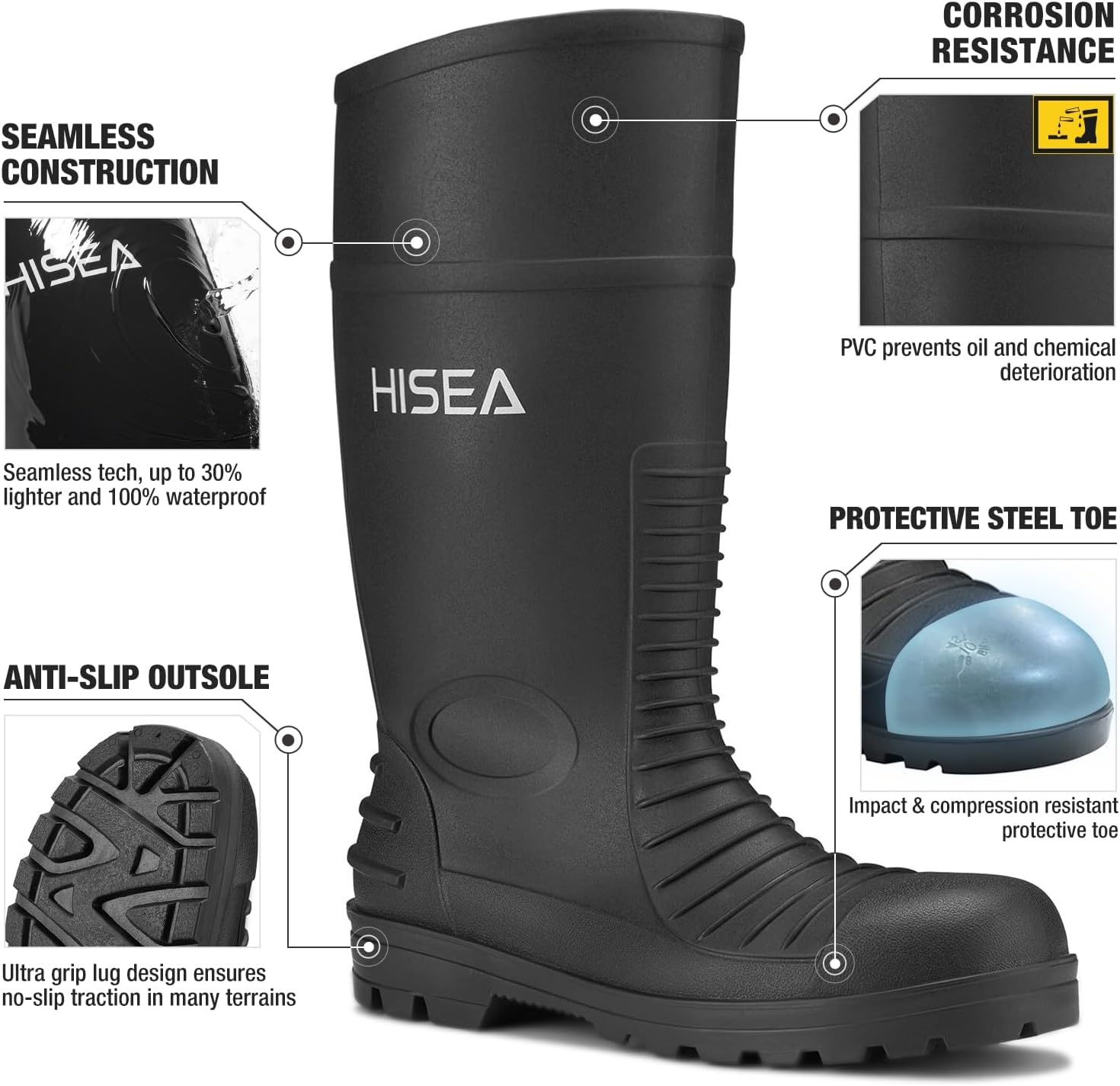image:imageHISEA Mens Steel Toe Rain Boots PVC Rubber Boots Waterproof Garden Fishing Outdoor Work Boots Durable Slip Resistant Knee Boots for Agriculture and Industrial WorkingBlacknew