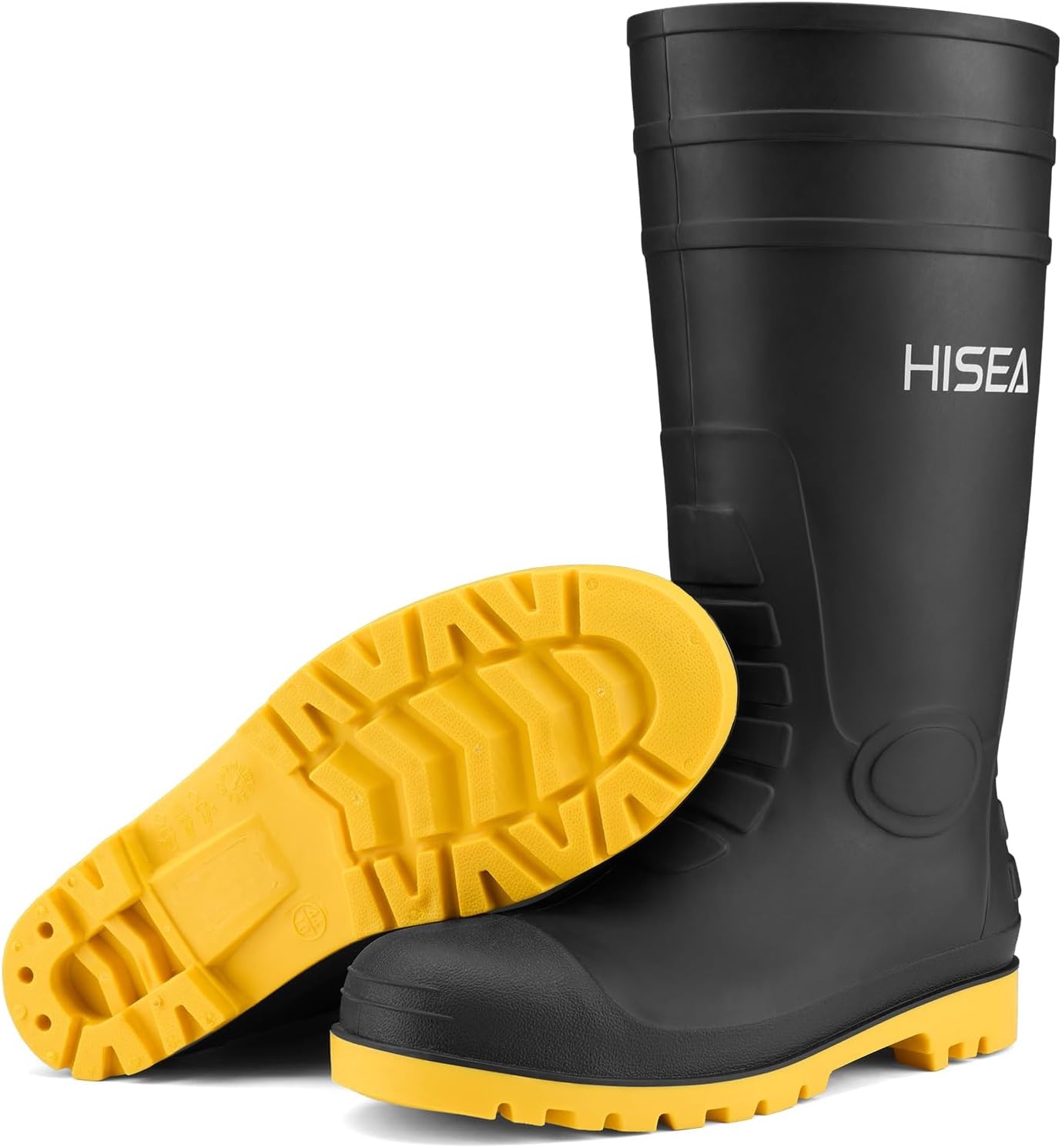 image:imageHISEA Mens Steel Toe Rain Boots PVC Rubber Boots Waterproof Garden Fishing Outdoor Work Boots Durable Slip Resistant Knee Boots for Agriculture and Industrial WorkingBlackYellow
